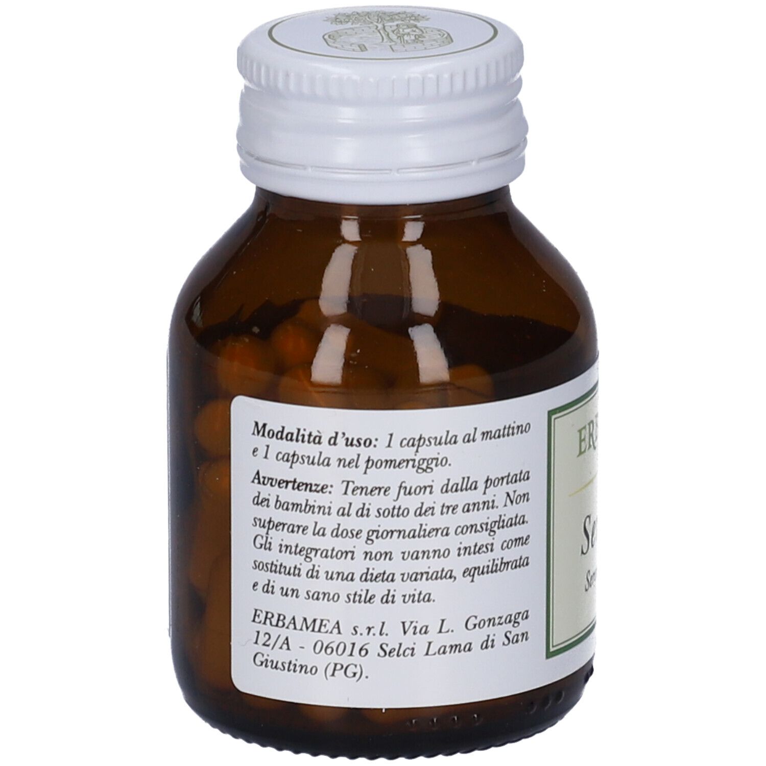 Flacone di vetro marrone con tappo bianco. Etichetta Erbamea Serenoa. Testo su uso e avvertenze. Sigillo: Capsula di origine vegetale.