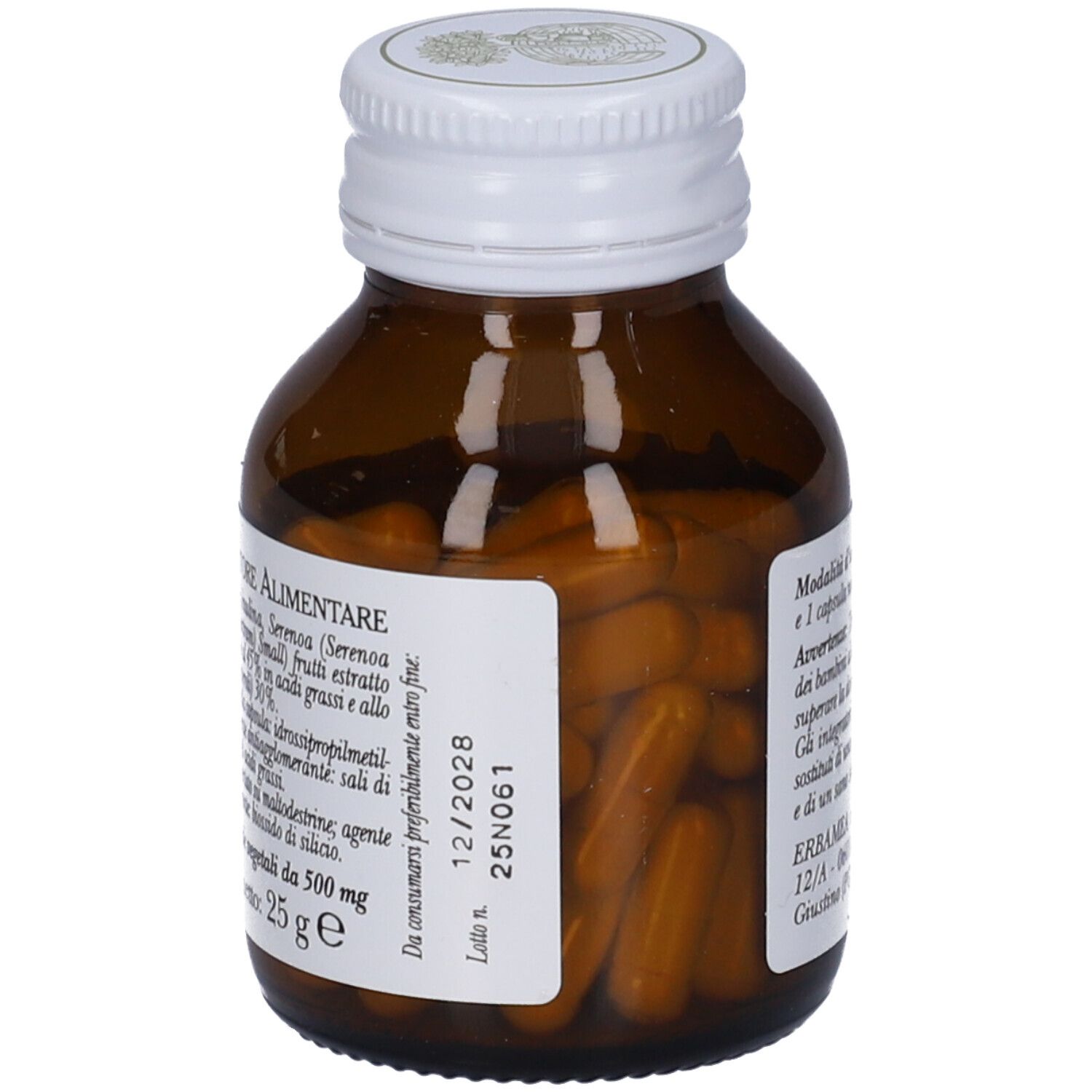 Flacone di vetro marrone con tappo bianco. Etichetta Erbamea Serenoa. Elenco ingredienti e data di scadenza. Sigillo: Capsula di origine vegetale.