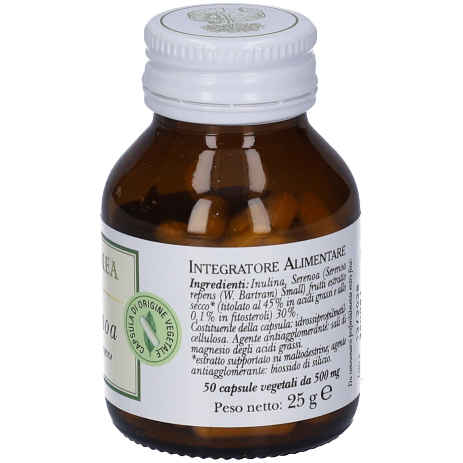Flacone di vetro marrone con tappo bianco. Etichetta Erbamea Serenoa. Elenco ingredienti e informazioni nutrizionali. Sigillo: Capsula di origine vegetale.