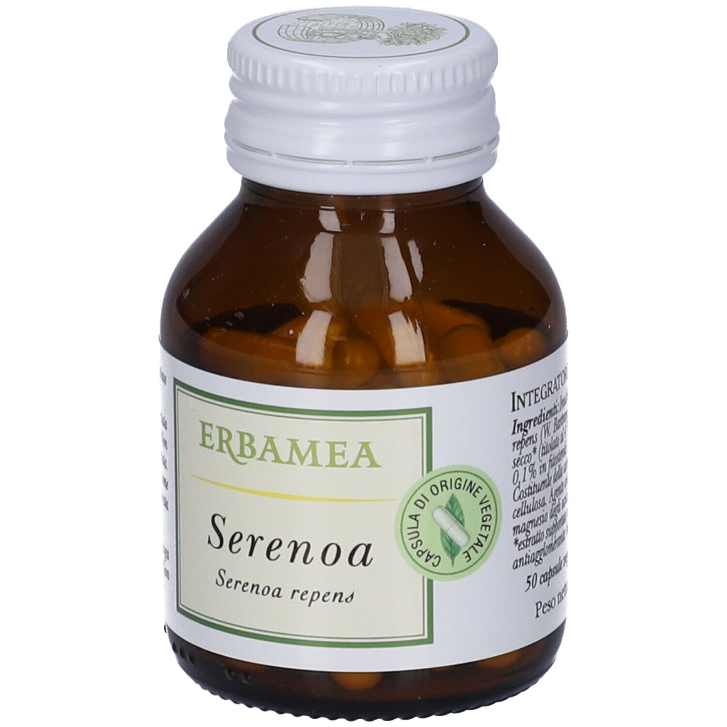 Flacone di vetro marrone con tappo bianco. Etichetta Erbamea Serenoa. Capsule visibili. Sigillo: Capsula di origine vegetale.