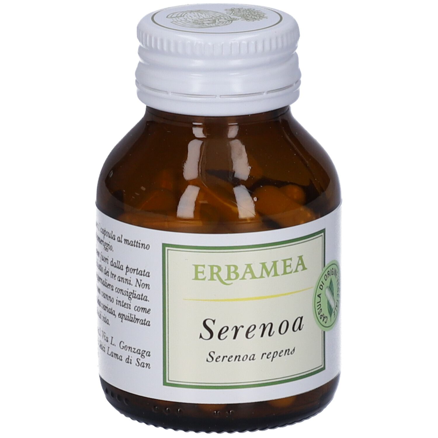 Flacone di vetro marrone con tappo bianco. Etichetta Erbamea Serenoa. Capsule visibili. Sigillo: Capsula di origine vegetale.