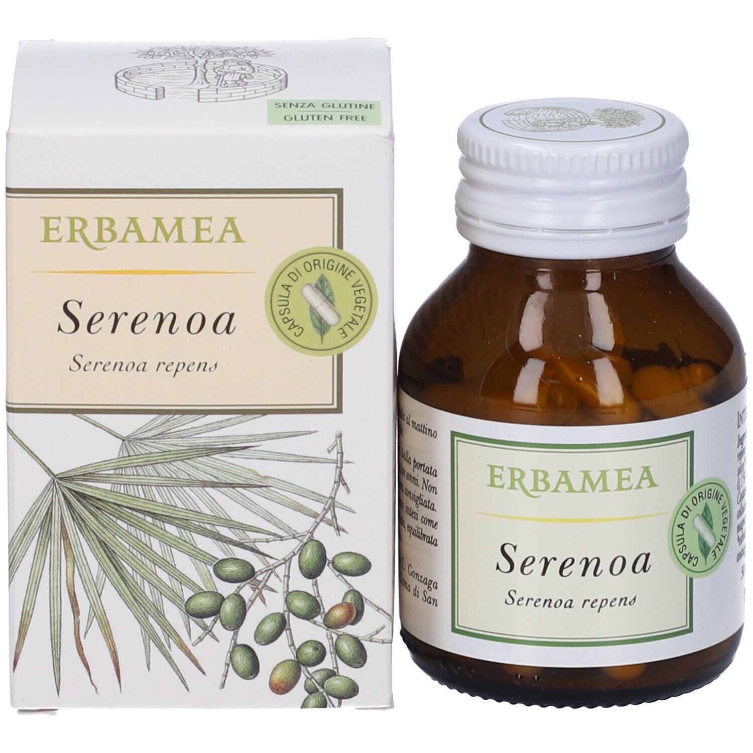 Confezione del prodotto con flacone. Capsule Erbamea Serenoa. Scatola bianca e flacone in vetro marrone. Sigillo: Capsula di origine vegetale.