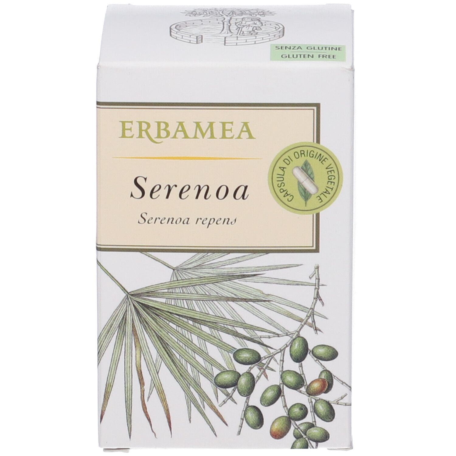 Scatola bianca con Erbamea Serenoa. Testo e illustrazione di foglie e frutti. Sigillo senza glutine. Sigillo: Capsula di origine vegetale.