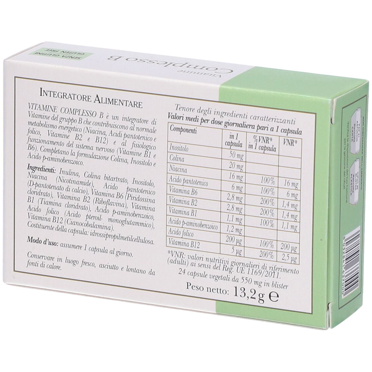 Retro della scatola Erbamea Vitamine Complesso B. Testo: Integratore alimentare, ingredienti, informazioni nutrizionali.