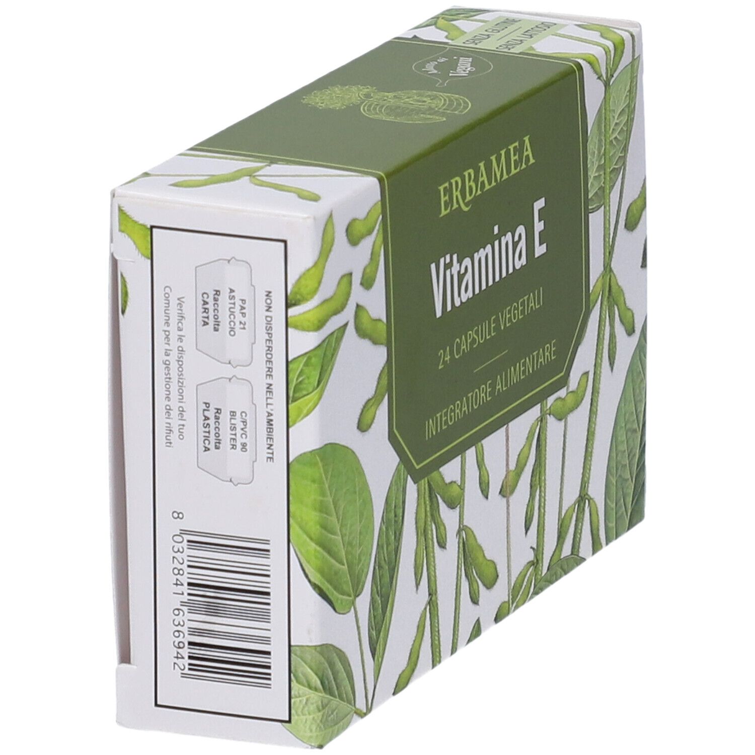 Scatola Erbamea Vitamina E, vista laterale. Scritta: 24 Capsule Vegetali, Integratore Alimentare. Confezione verde e bianca.
