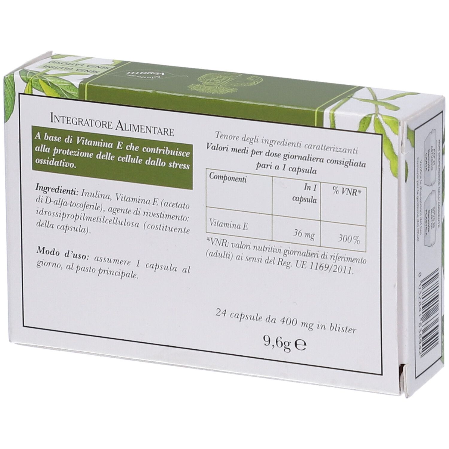 Retro della scatola Erbamea Vitamina E. Contiene informazioni sugli ingredienti e i valori nutrizionali. Testo in italiano.