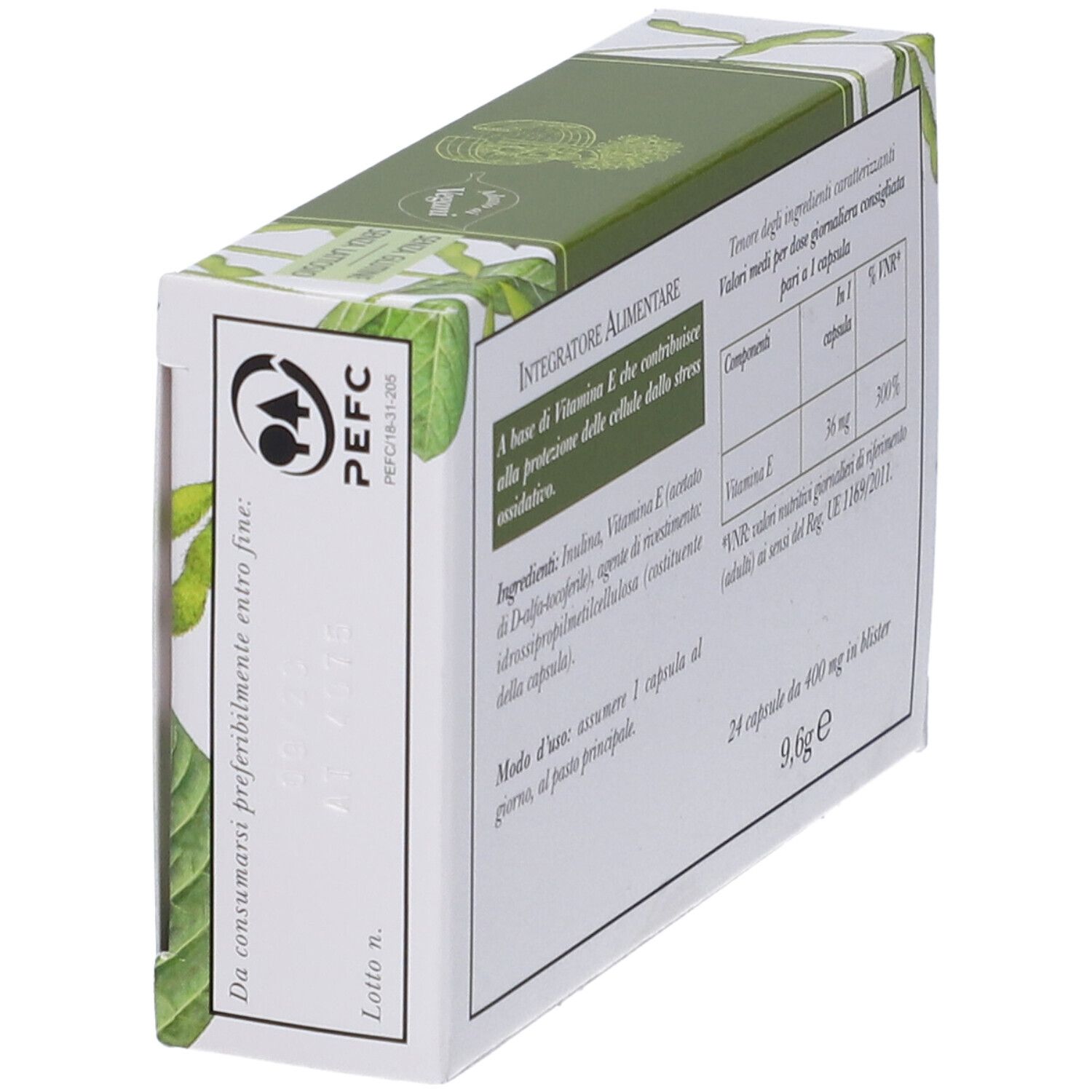 Scatola Erbamea Vitamina E, dettaglio del retro. Certificazione PEFC. Testo in italiano.