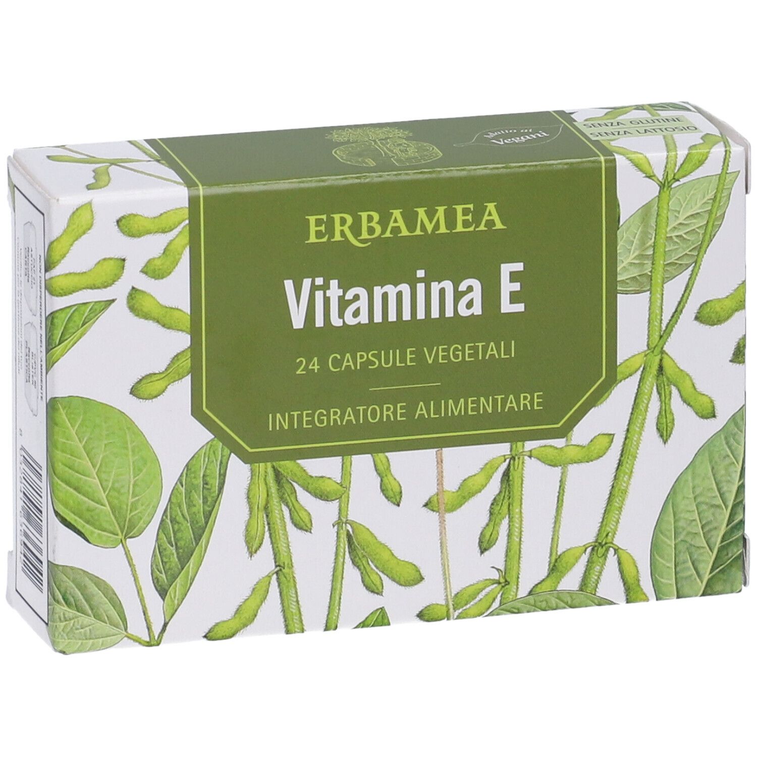 Scatola Erbamea Vitamina E. Scritta: 24 Capsule Vegetali, Integratore Alimentare. Confezione verde e bianca con motivo vegetale.