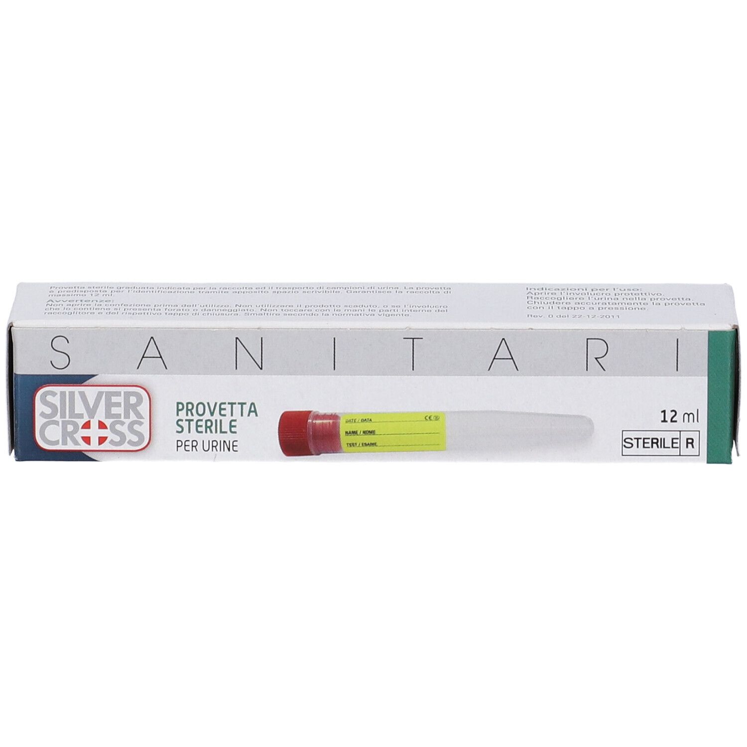 Confezione di Silvercross Provetta Urina. Contiene un tubetto per urina sterile. 12 ml.