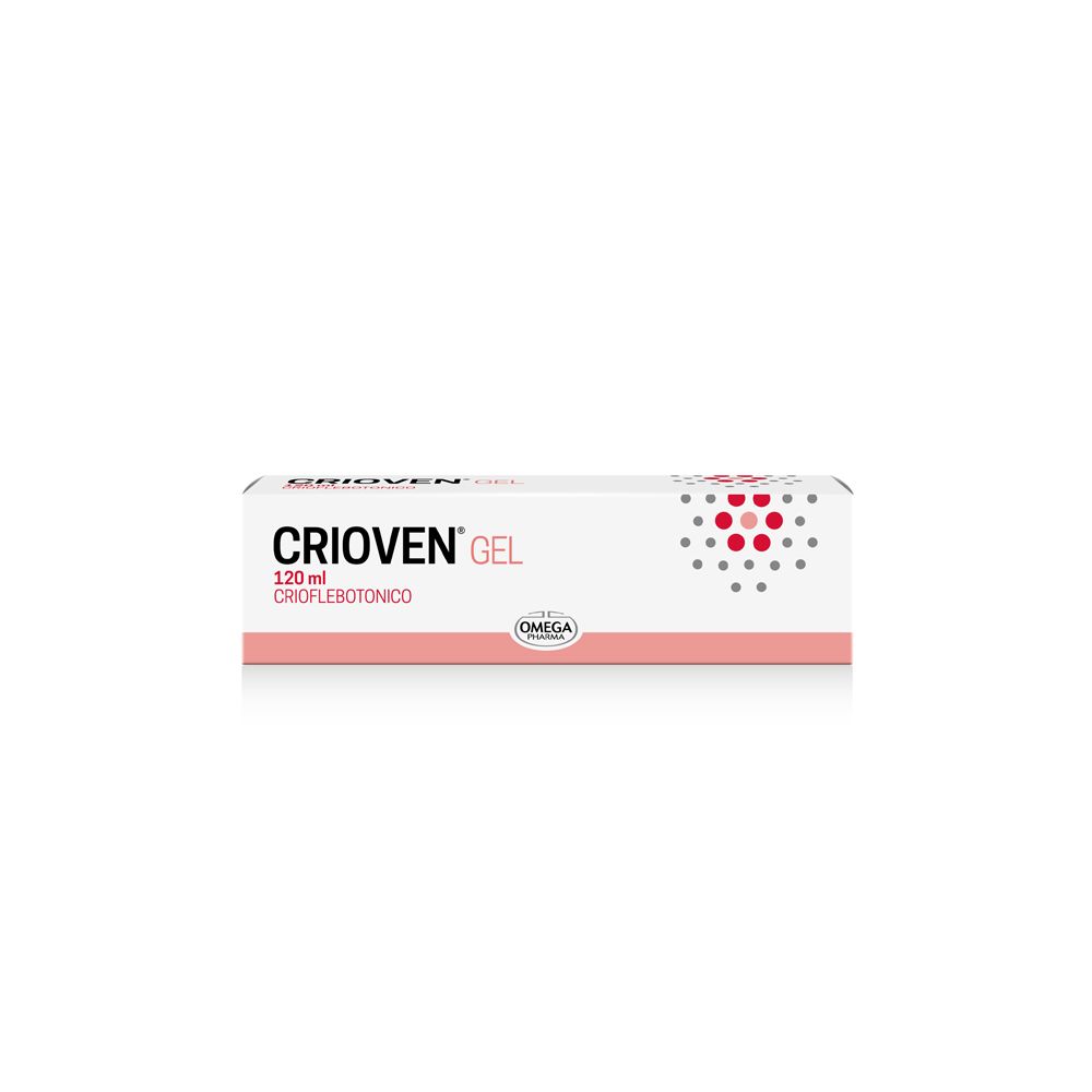 Scatola Crioven Gel, 120 ml. Logo Omega. Confezione rosa e bianca. Testo in italiano.