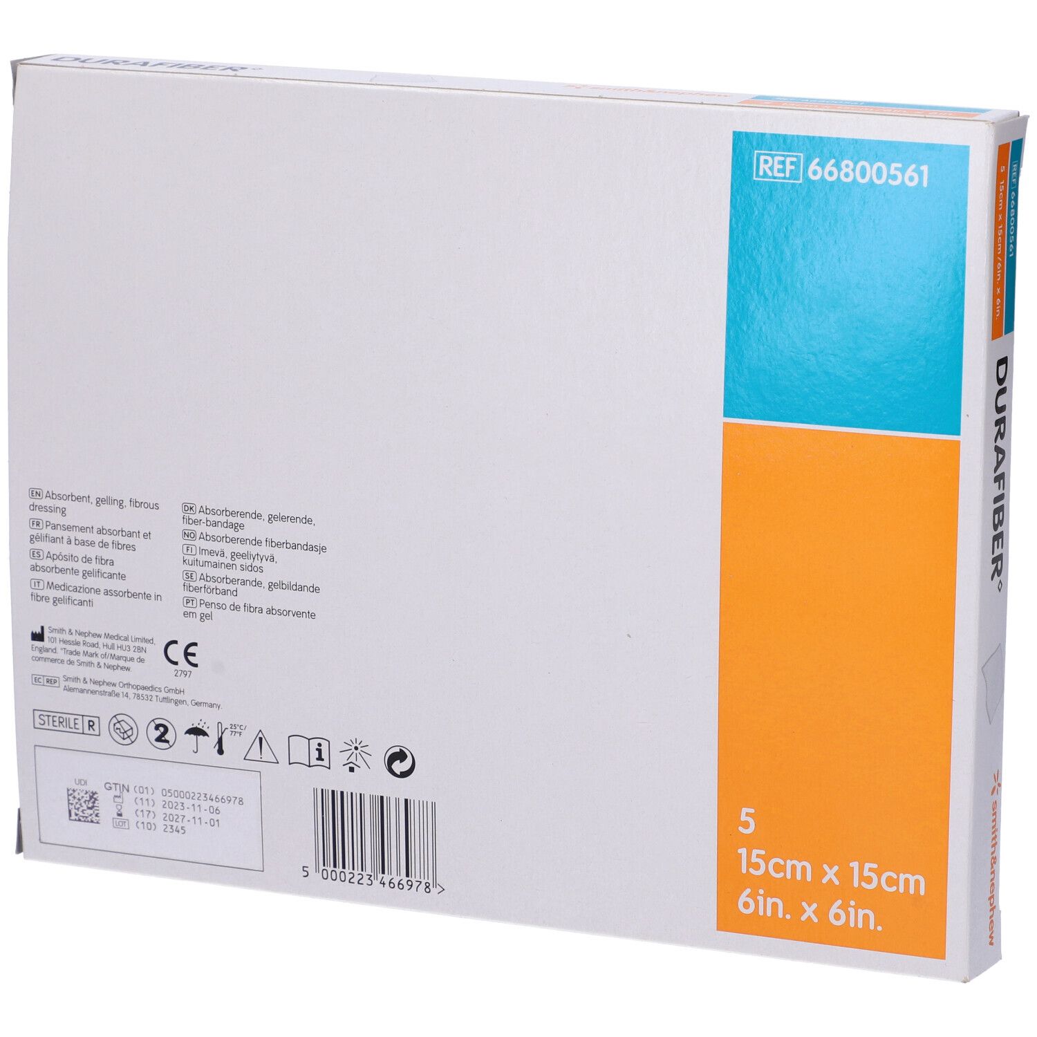Retro della confezione Durafiber. 5 pezzi, 15x15cm. Smith & Nephew. REF 66800561. Sterile.