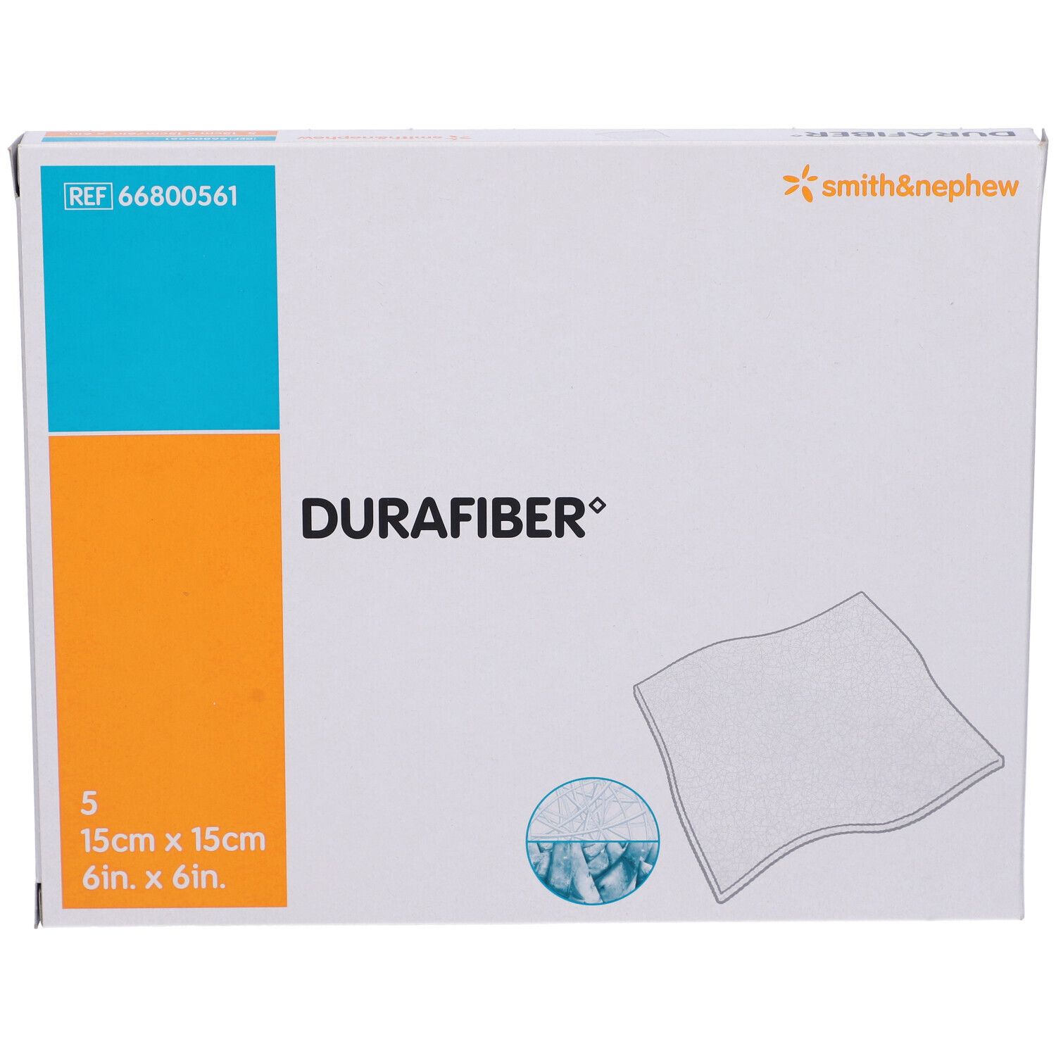 Confezione Durafiber, 5 pezzi, 15x15cm. Logo Smith & Nephew. REF 66800561.