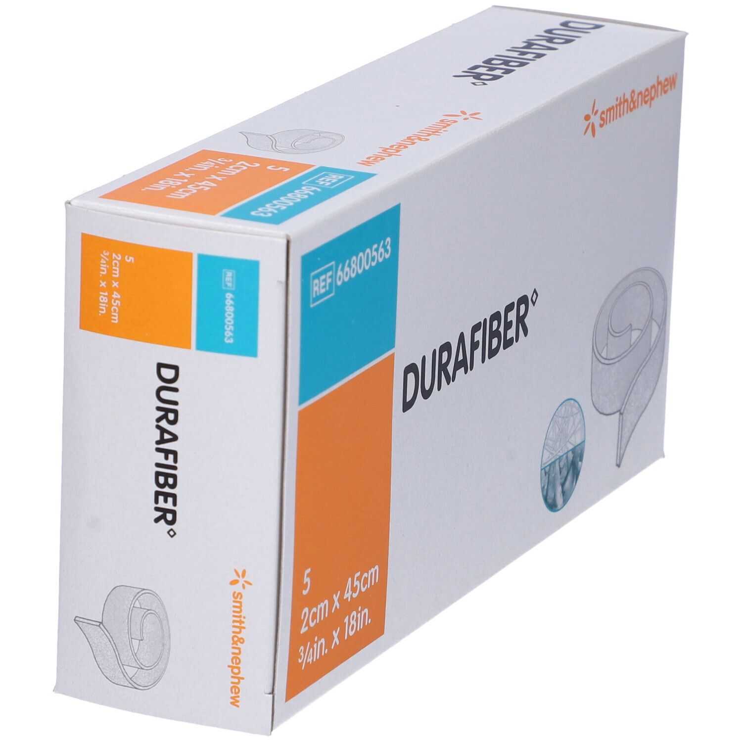 Confezione Durafiber, 5 medicazioni, 2x45cm. Marchio Smith & Nephew. Riferimento 66800563. Accenti arancioni e blu.