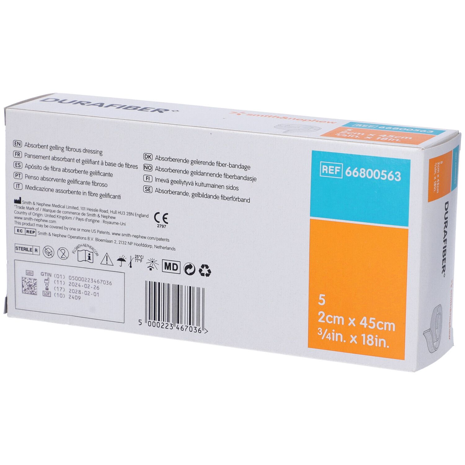 Retro della confezione Durafiber. Contiene informazioni multilingue. Riferimento 66800563. Marchio CE.