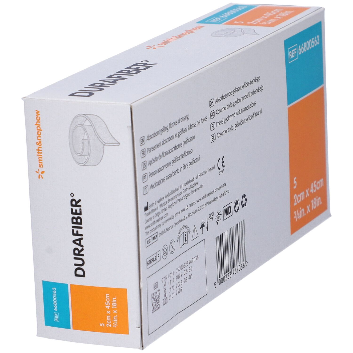 Confezione Durafiber, retro. Informazioni multilingue. Riferimento 66800563. Marchio CE.