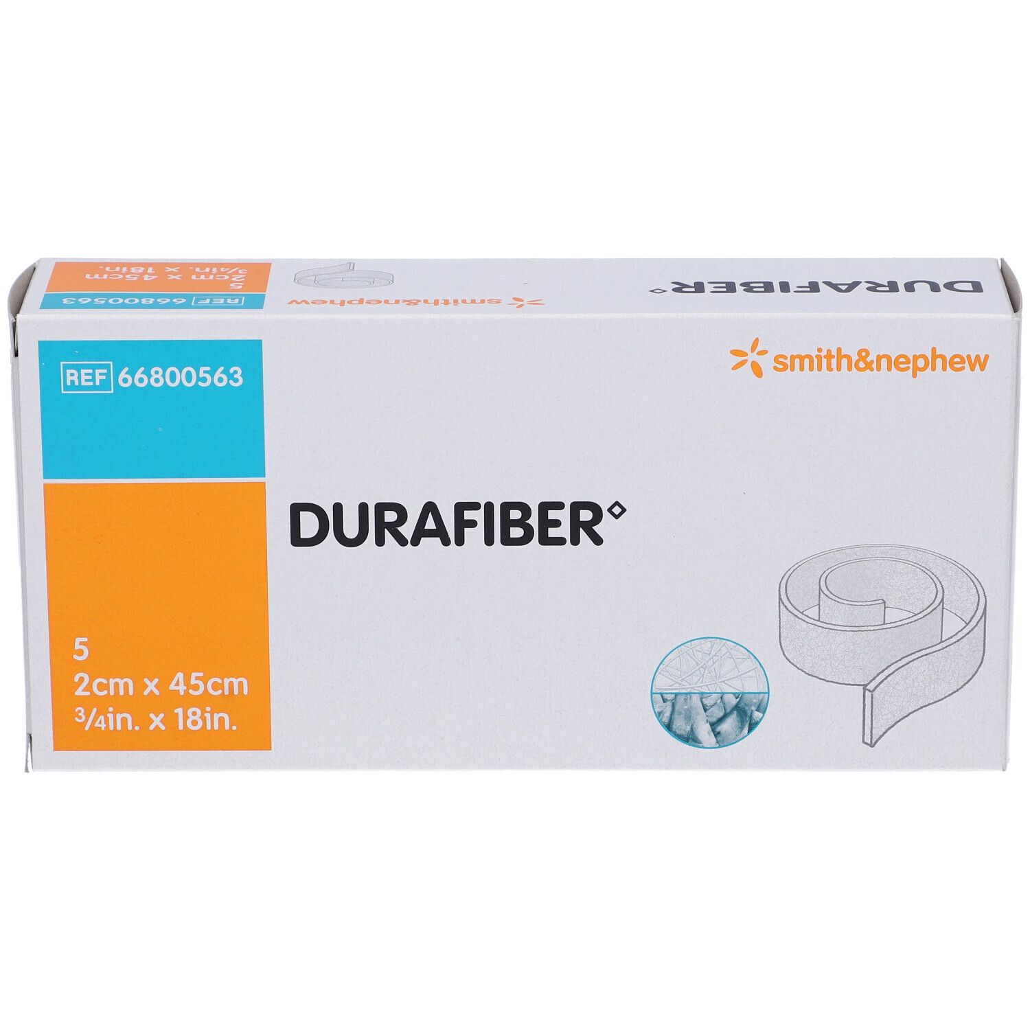 Confezione Durafiber. Contiene 5 medicazioni, 2x45cm. Marchio Smith & Nephew. Riferimento 66800563. Illustrazione del prodotto.