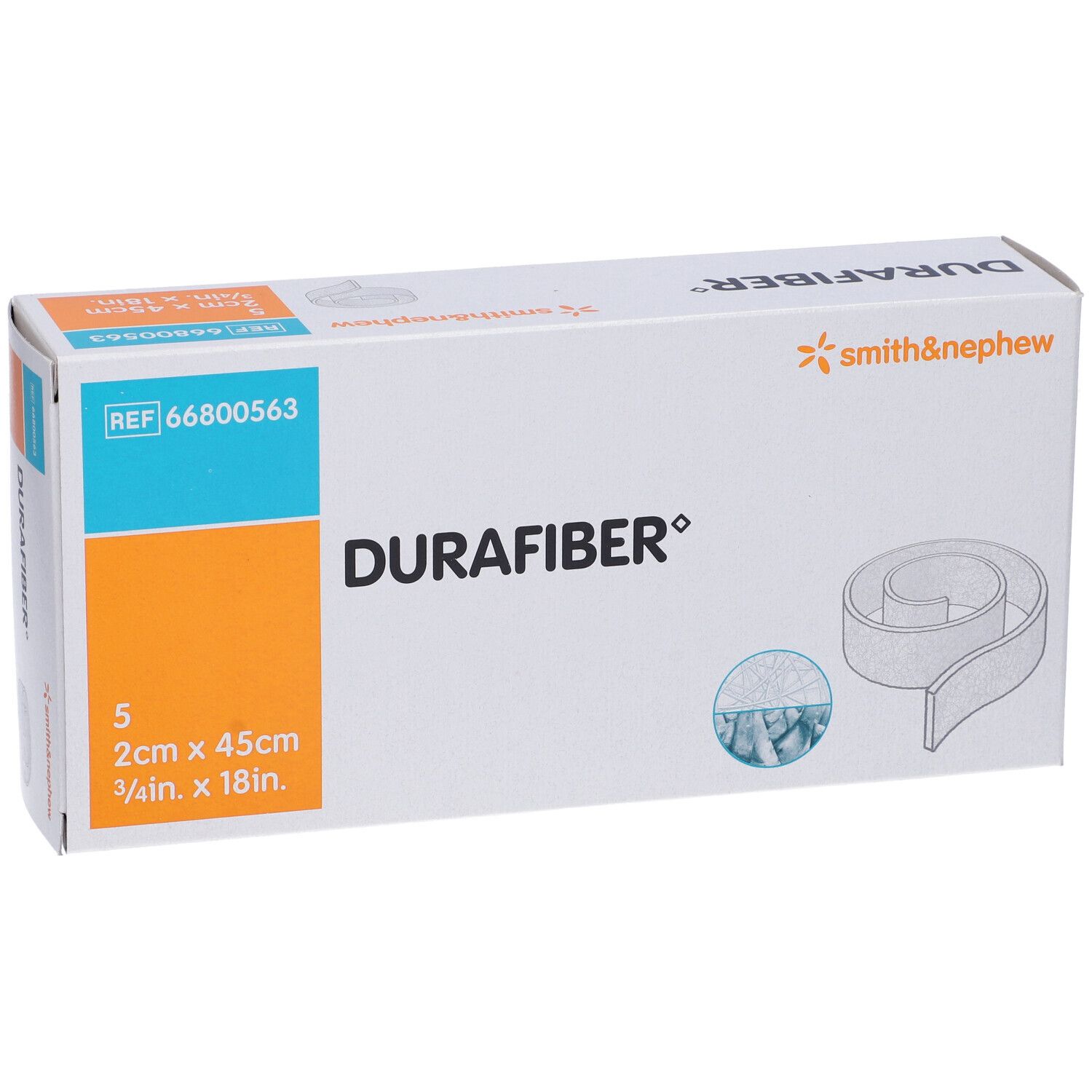 Confezione Durafiber. Contiene 5 medicazioni, 2x45cm. Marchio Smith & Nephew. Riferimento 66800563. Illustrazione del prodotto.