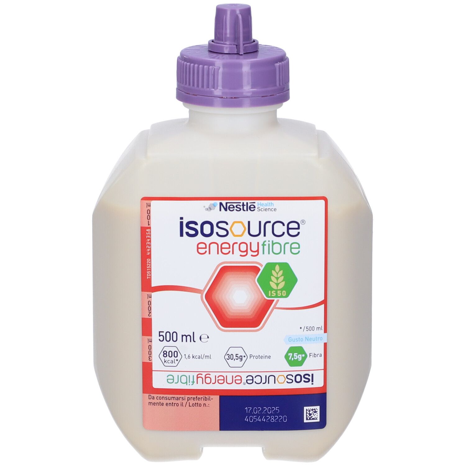 Bottiglia con tappo viola. Etichetta con informazioni sul prodotto. Isosource Energy Fibre, 500 ml.