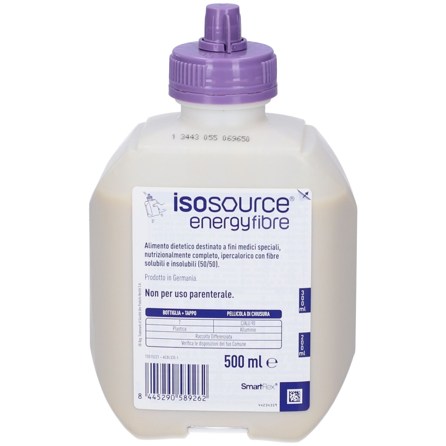 Bottiglia con tappo viola. Etichetta con informazioni sul prodotto. Isosource Energy Fibre, 500 ml.