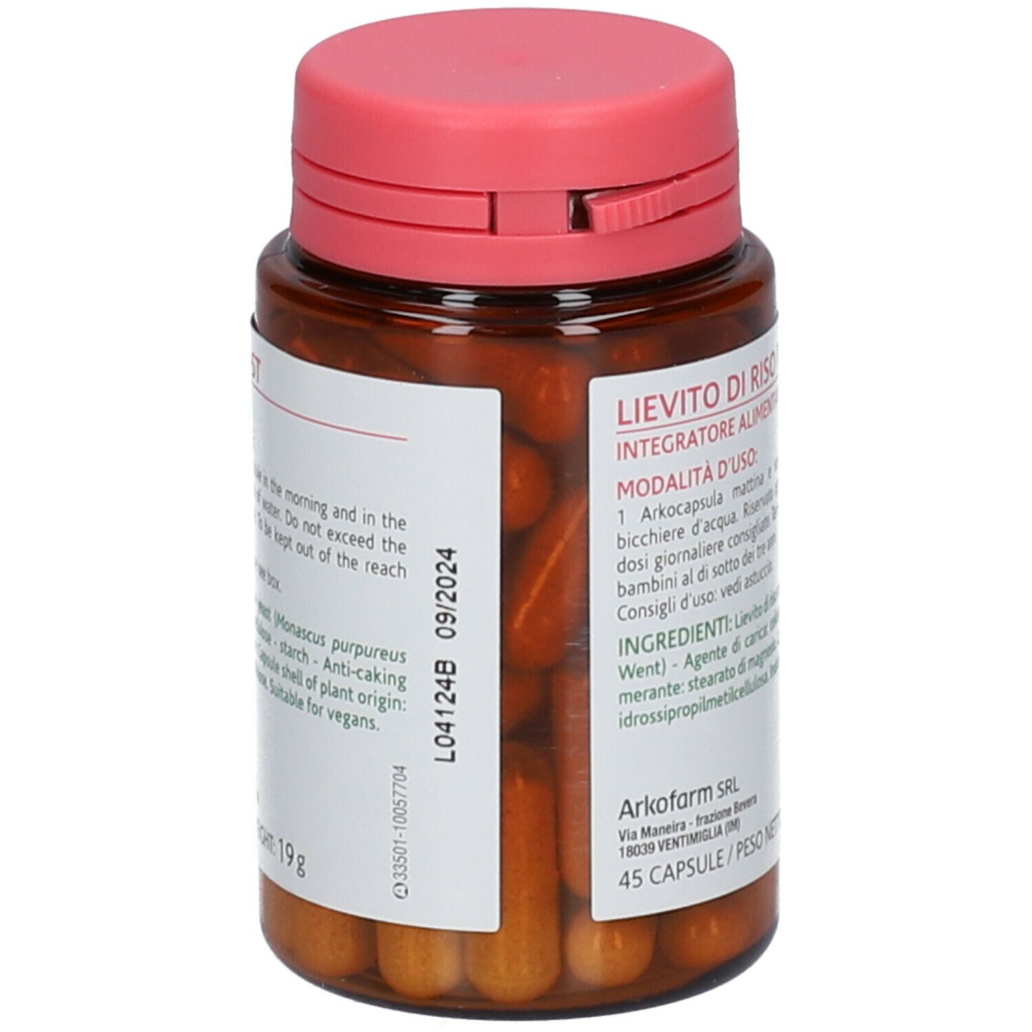 Flacone marrone con capsule rosse. Scritta: Lievito di Riso Rosso. Tappo rosso. Etichetta con ingredienti e data di scadenza.