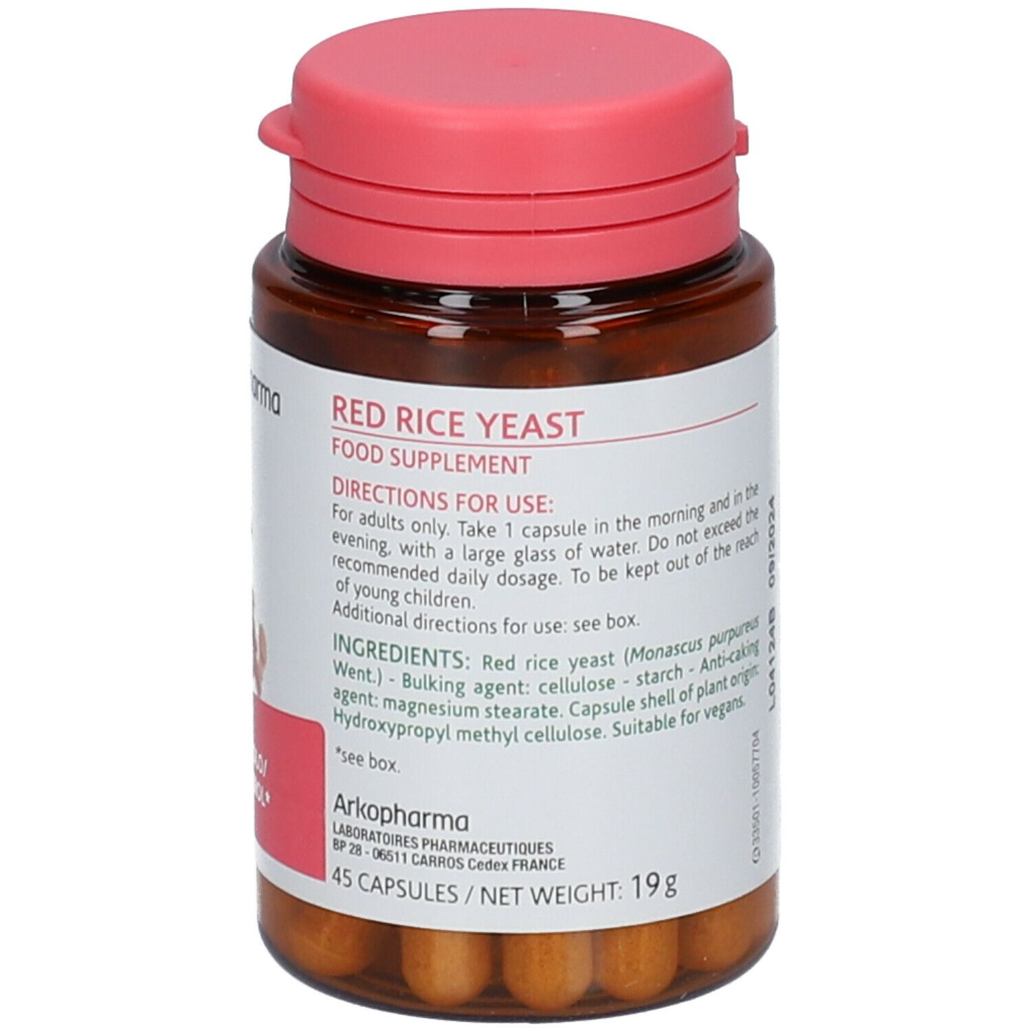 Flacone marrone con capsule rosse. Scritta: Red Rice Yeast. Tappo rosso. Etichetta con ingredienti e istruzioni.