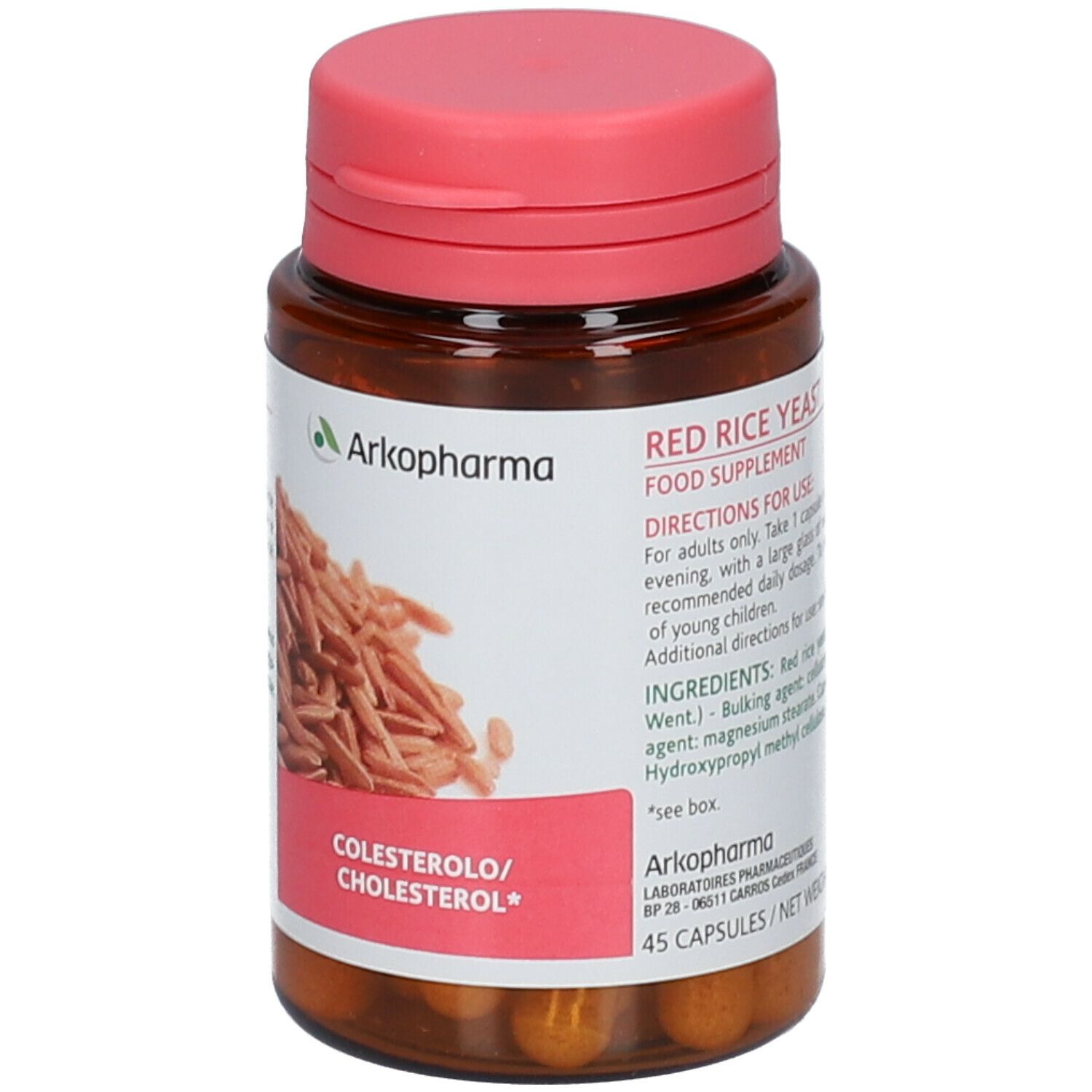 Flacone marrone con capsule rosse. Scritta: Red Rice Yeast. Tappo rosso. Etichetta con ingredienti e indicazione colesterolo.