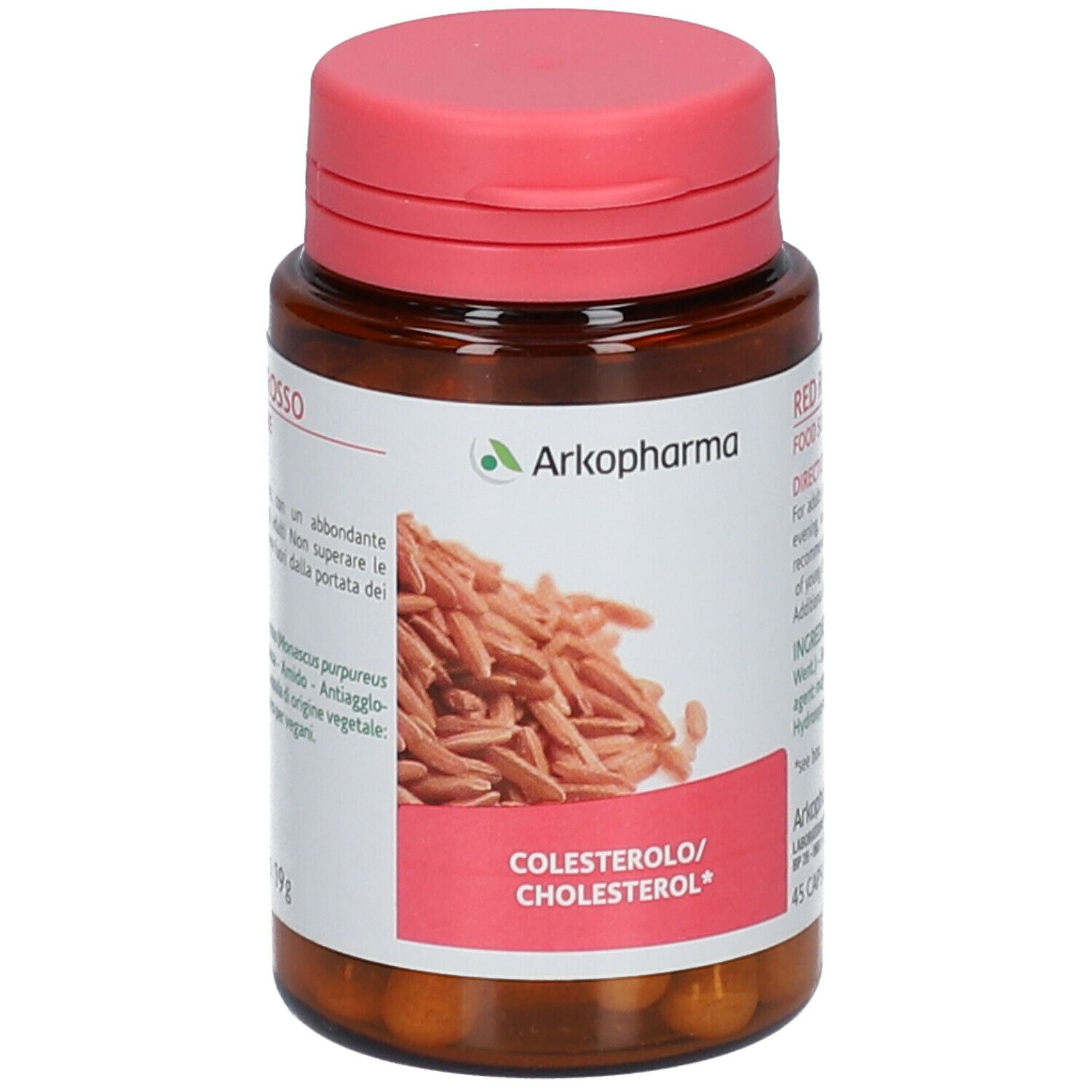 Flacone marrone con capsule rosse. Scritta: Red Rice Yeast. Tappo rosso. Etichetta con indicazione colesterolo e illustrazione.