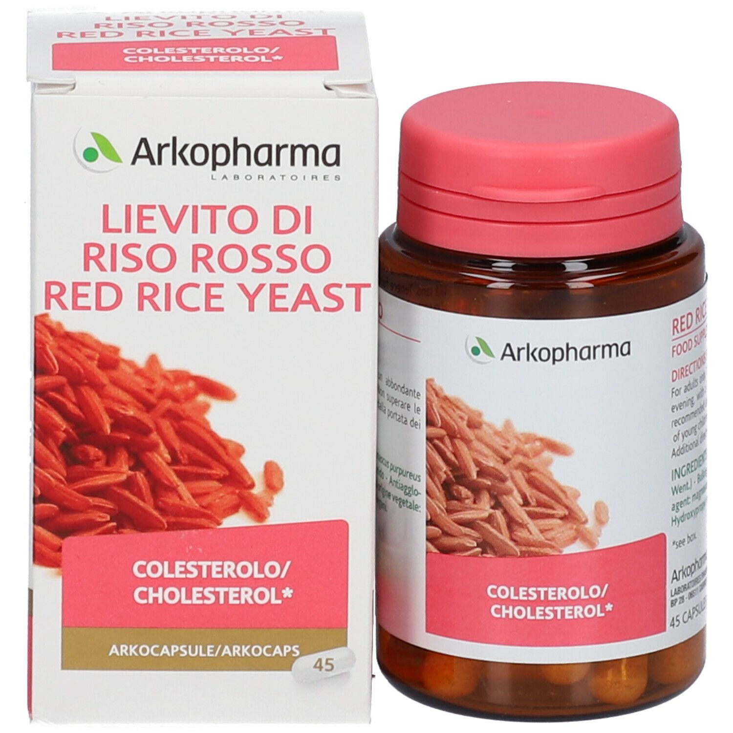 Confezione e flacone. Scritta: Lievito di Riso Rosso/Red Rice Yeast. Capsule rosse. Indicazione colesterolo. Tappo rosso.