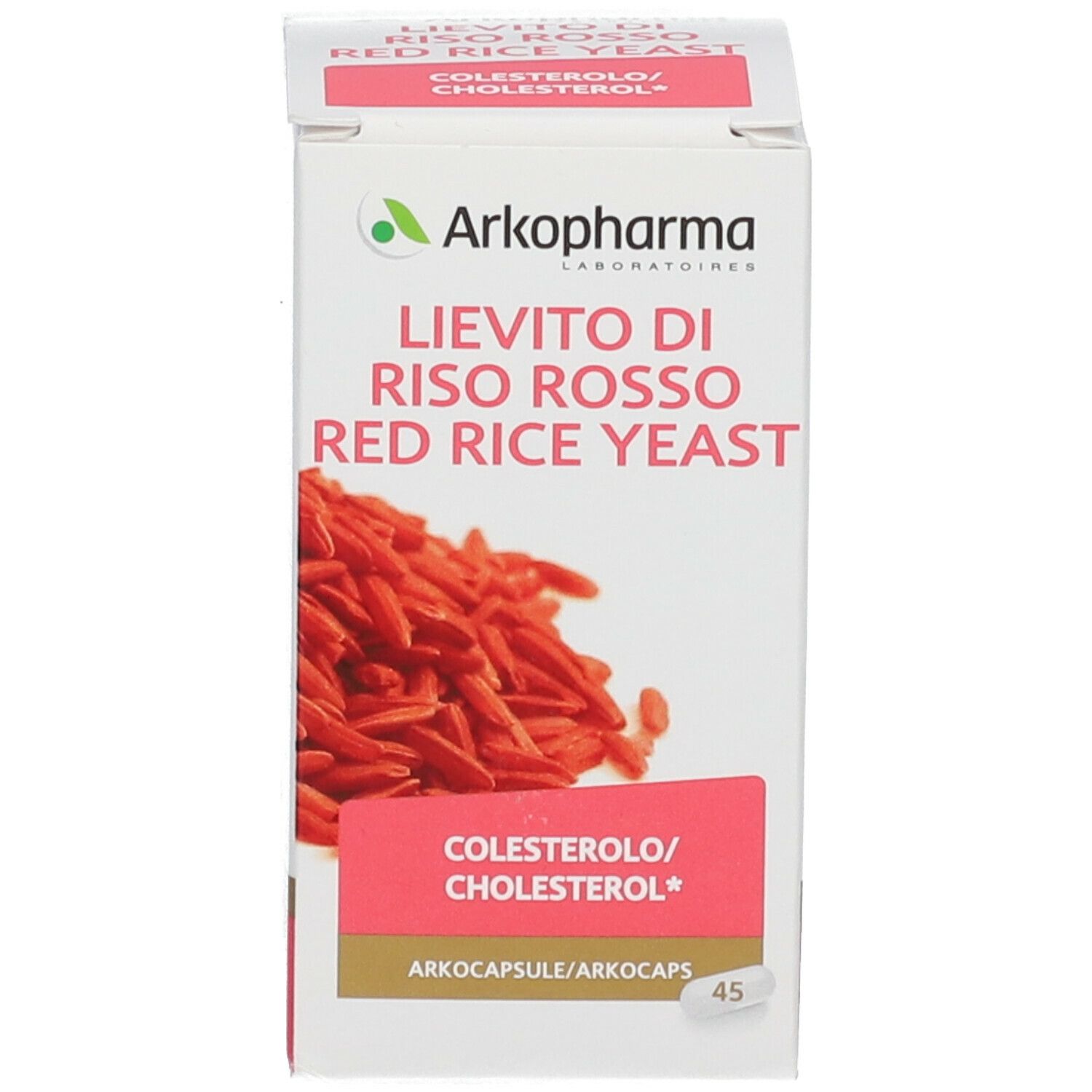 Confezione del prodotto. Scritta: Lievito di Riso Rosso/Red Rice Yeast. Capsule rosse. Indicazione colesterolo. 45 capsule.
