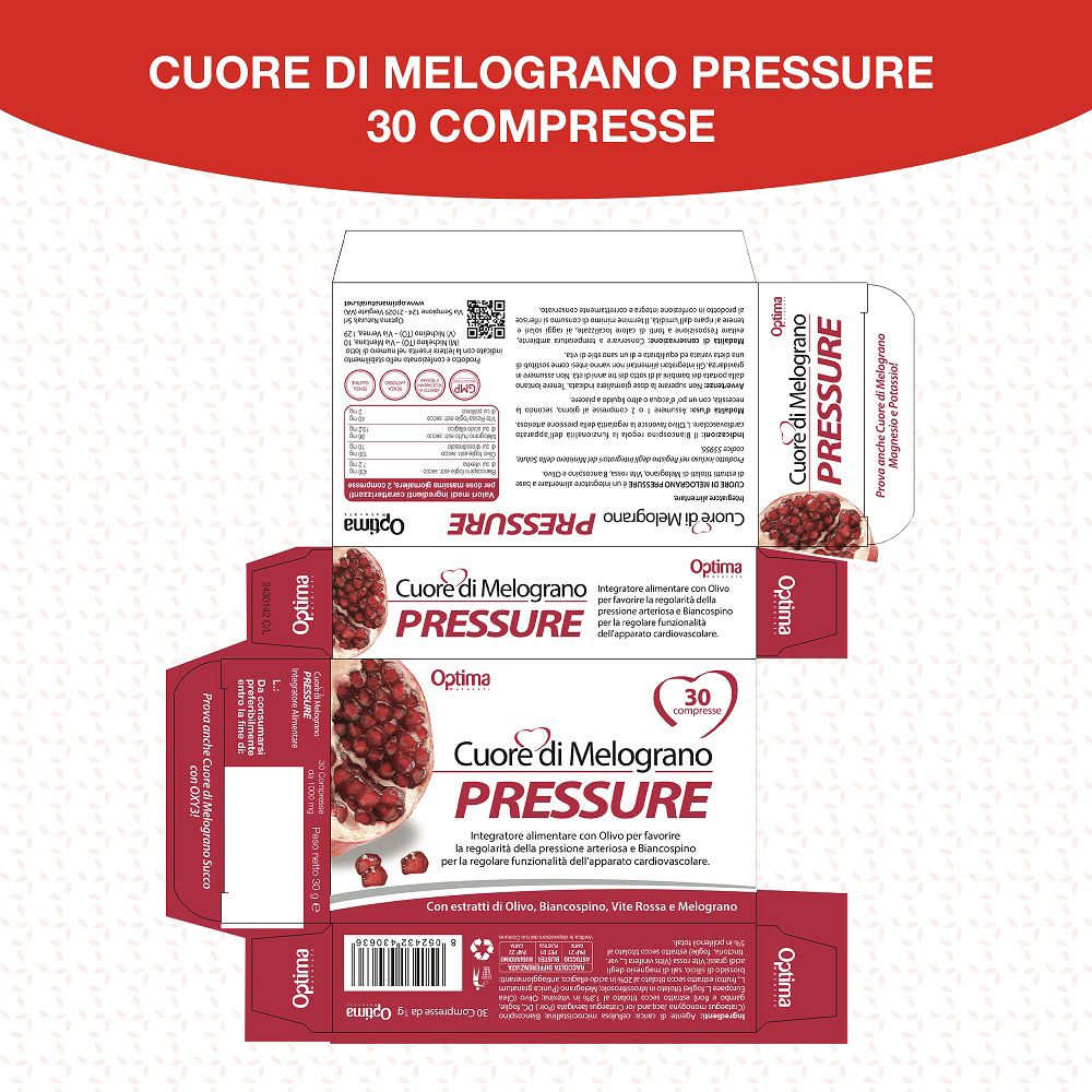 Confezione prodotto aperta Optima Cuore di Melograno PRESSURE con informazioni dettagliate.