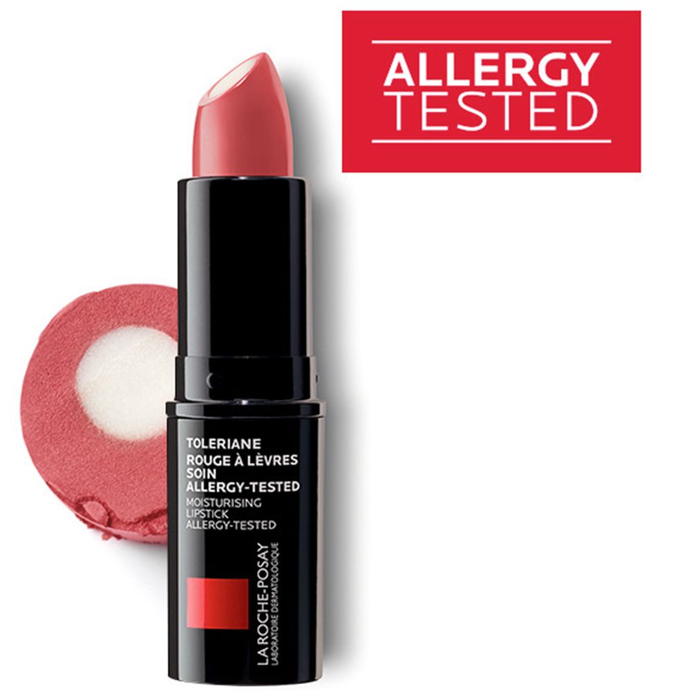 Rossetto rosa, parzialmente estratto. Astuccio nero con striscia rossa e testo. Marca: LA ROCHE-POSAY.