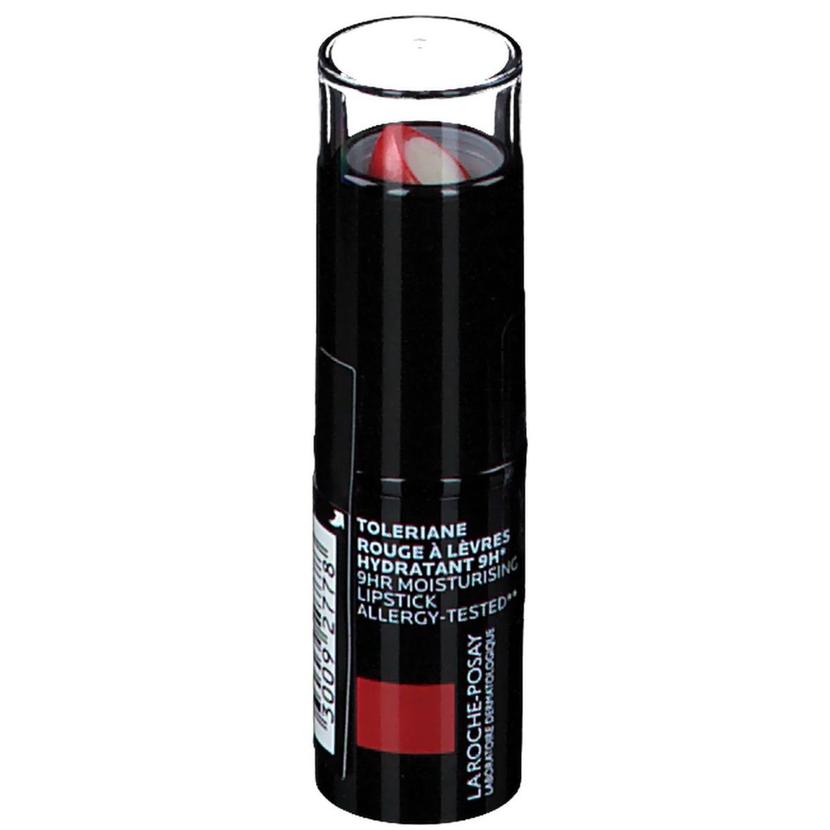 Rossetto rosso in astuccio nero con cappuccio trasparente. Scritta: Toleriane, Rouge à Lèvres, 9H Moisturising, Allergy-Tested.