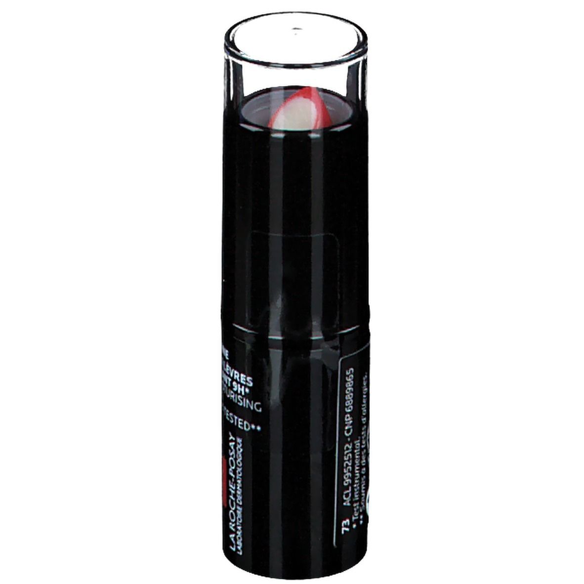 Rossetto rosso in astuccio nero con cappuccio trasparente. Scritta: Toleriane, Rouge à Lèvres, 9H Moisturising, Allergy-Tested.