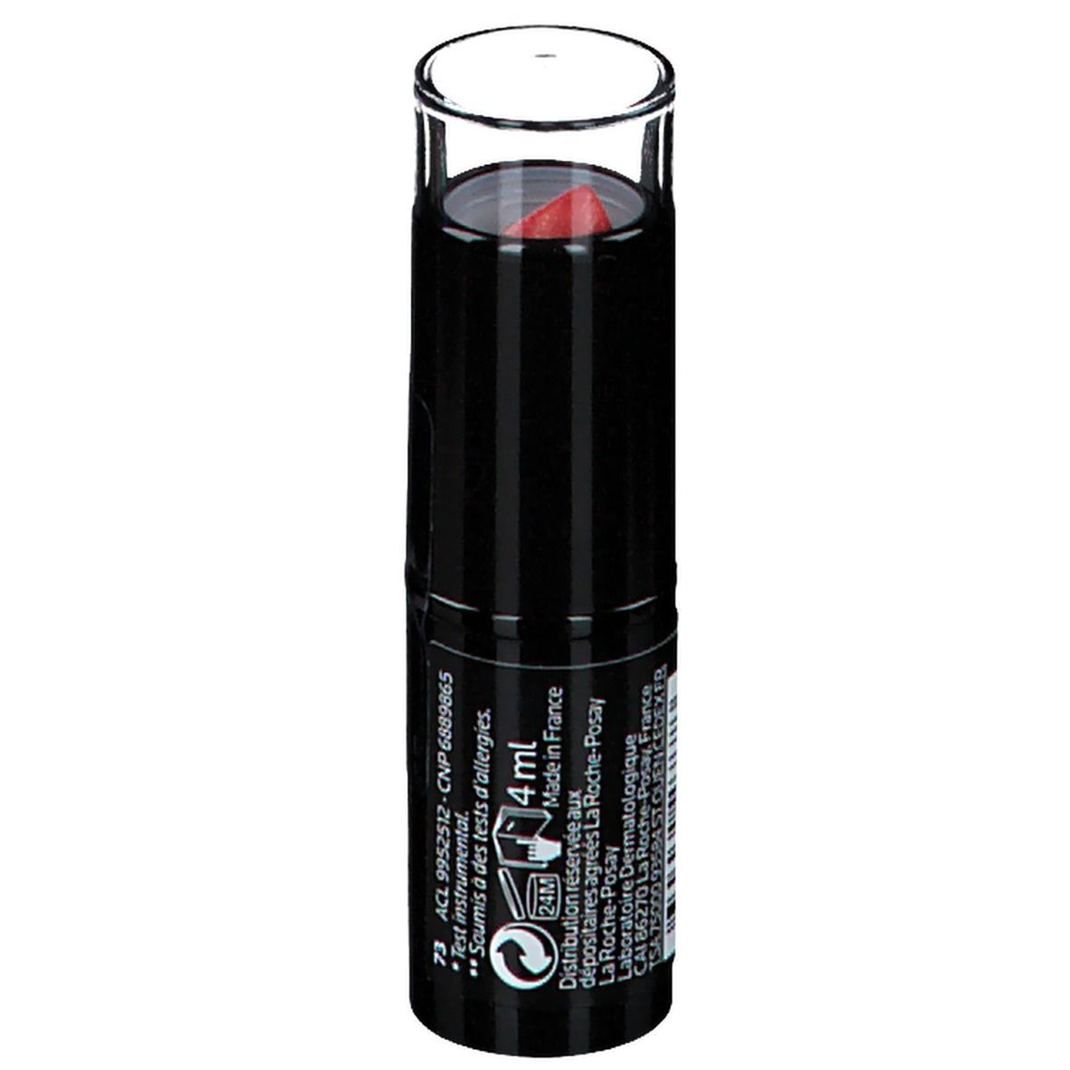 Rossetto rosso in astuccio nero con cappuccio trasparente. Scritta: Toleriane, Rouge à Lèvres, 9H Moisturising, Allergy-Tested.