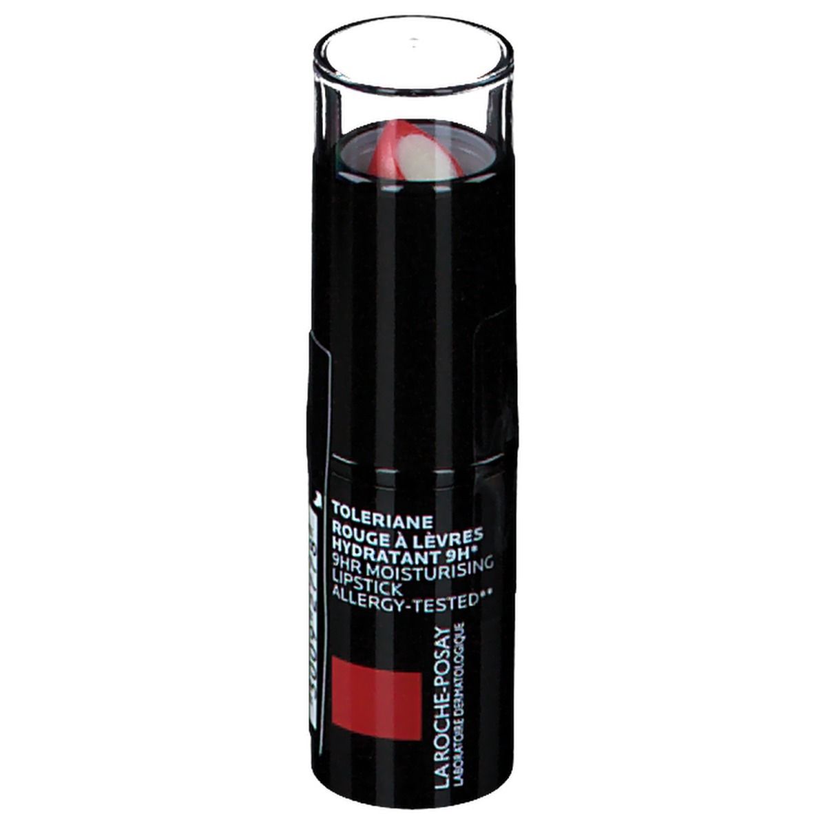 Rossetto rosso in astuccio nero con cappuccio trasparente. Scritta: Toleriane, Rouge à Lèvres, 9H Moisturising, Allergy-Tested.