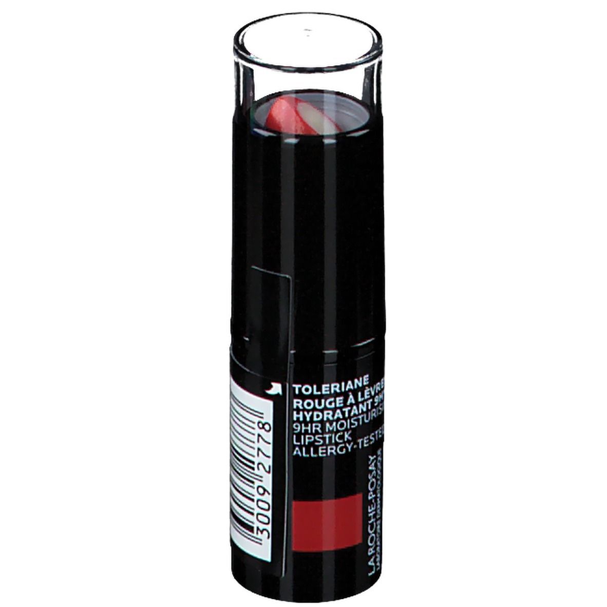Rossetto rosso in astuccio nero con cappuccio trasparente. Scritta: Toleriane, Rouge à Lèvres, 9H Moisturising, Allergy-Tested.