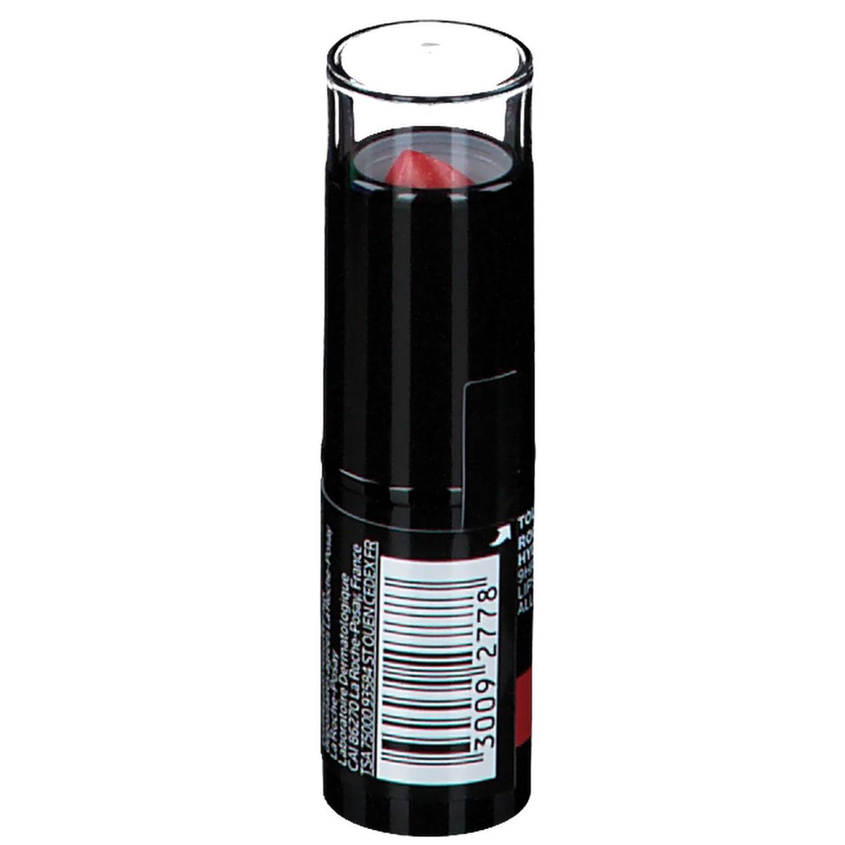 Rossetto rosso in astuccio nero con cappuccio trasparente. Scritta: Toleriane, Rouge à Lèvres, 9H Moisturising, Allergy-Tested.