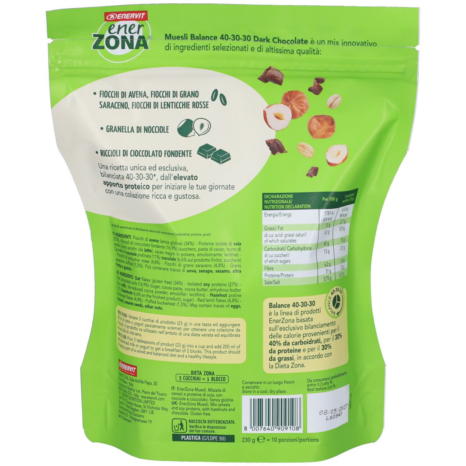Confezione per EnerZona Muesli Balance 40-30-30 Dark Chocolate, un muesli per la colazione.