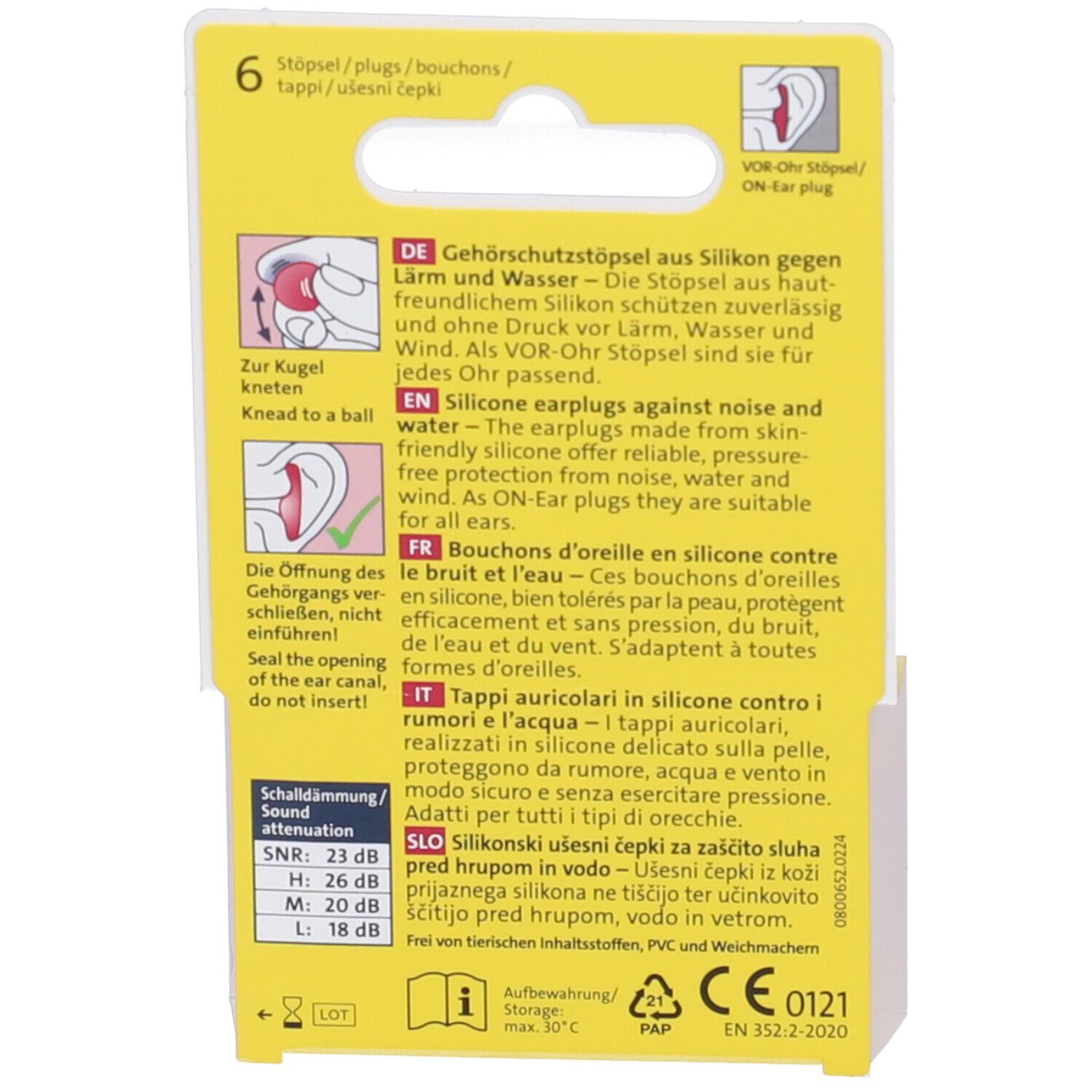 Retro della confezione con informazioni sui tappi per le orecchie. Include istruzioni e dati tecnici.