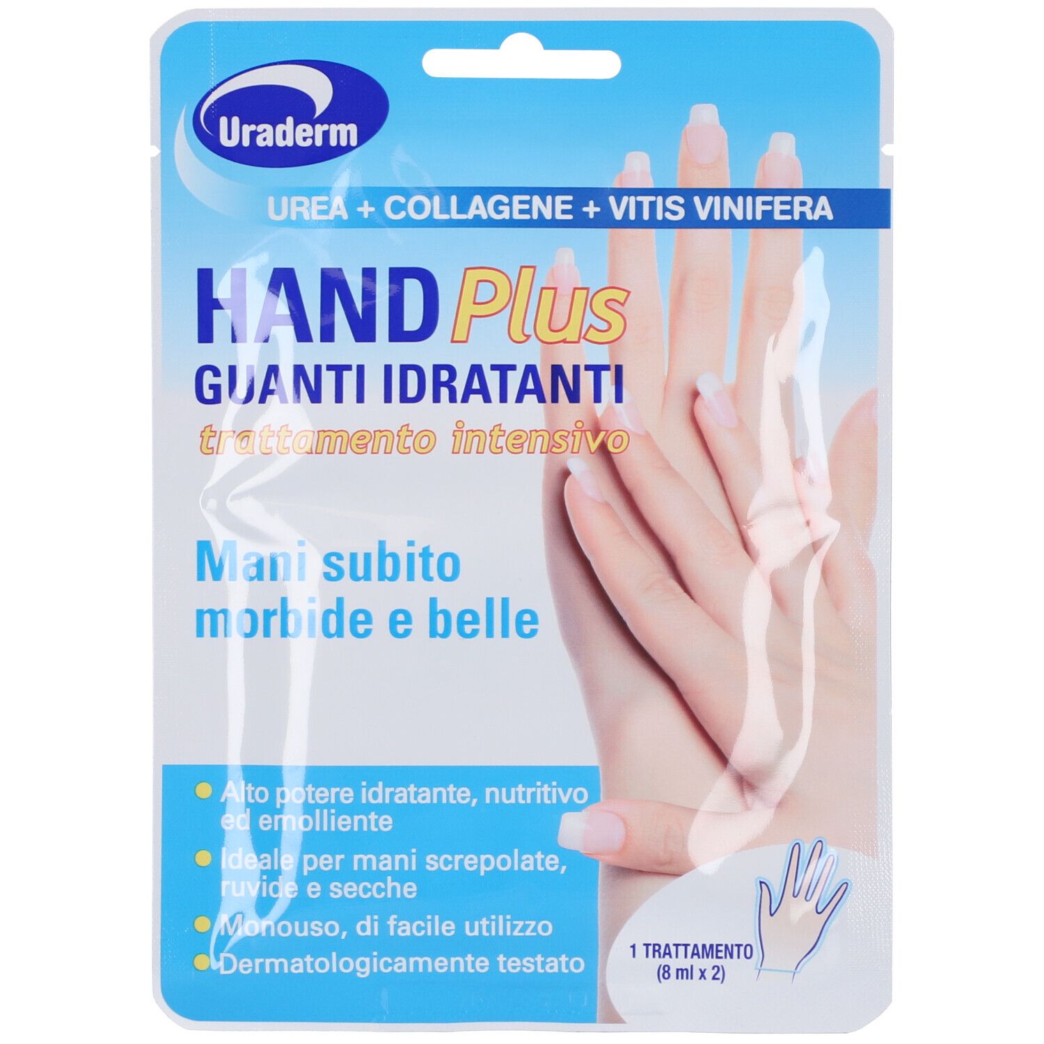 Confezione del prodotto con nome HAND Plus. Contiene due guanti gel per le mani. Confezione blu e bianca.