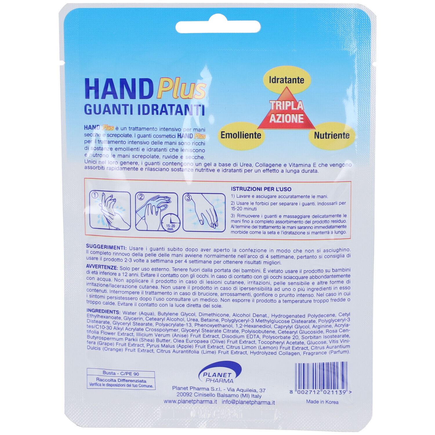 Retro della confezione del prodotto. Testo: HAND Plus Guanti Idratanti. Contiene istruzioni e ingredienti.