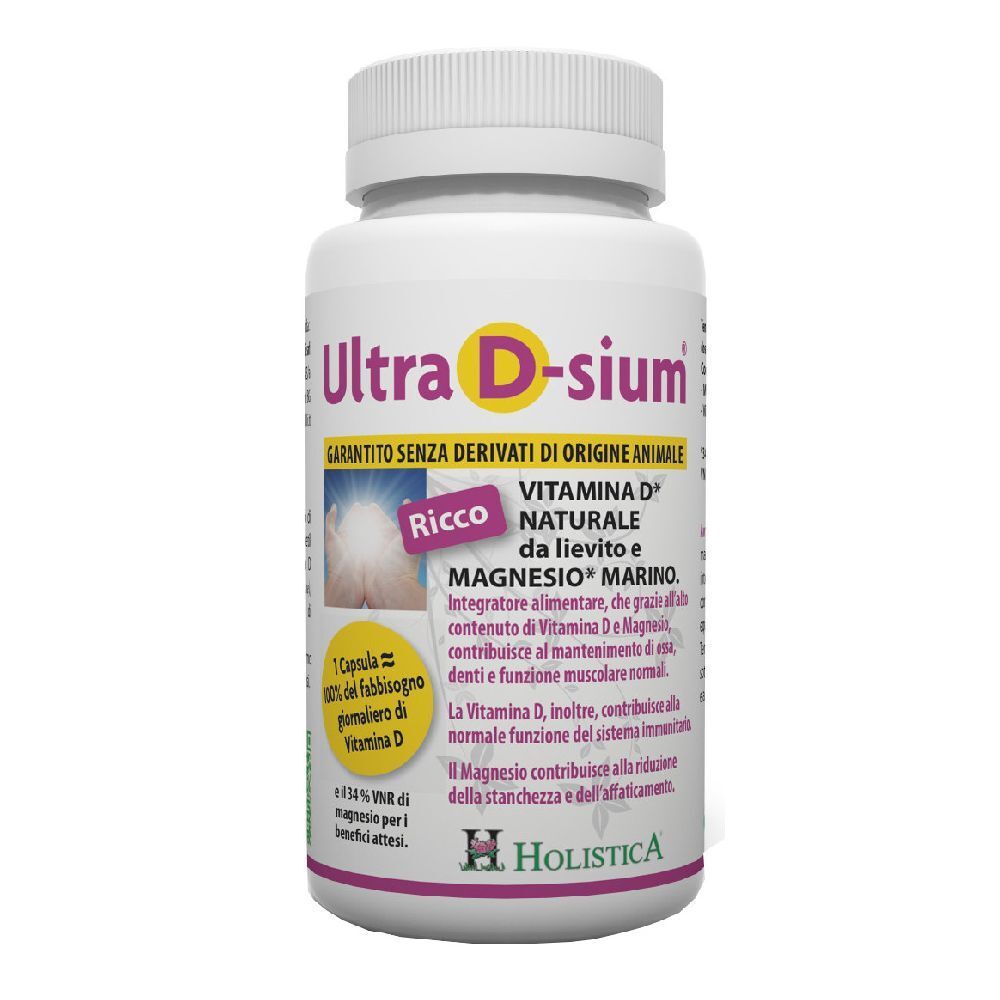 Flacone bianco Ultra D-sium. Scritta: Vitamina D, Magnesio. Logo Holistica. Capsule.