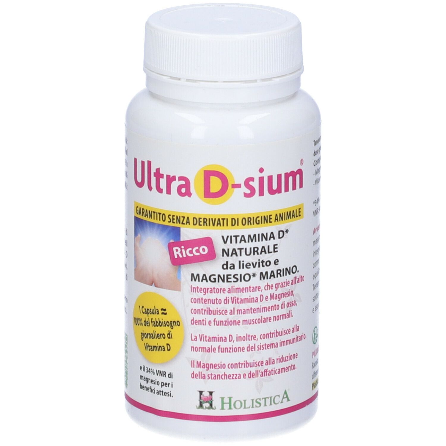 Flacone bianco Ultra D-sium. Scritta: Vitamina D, Magnesio. Logo Holistica. Capsule.