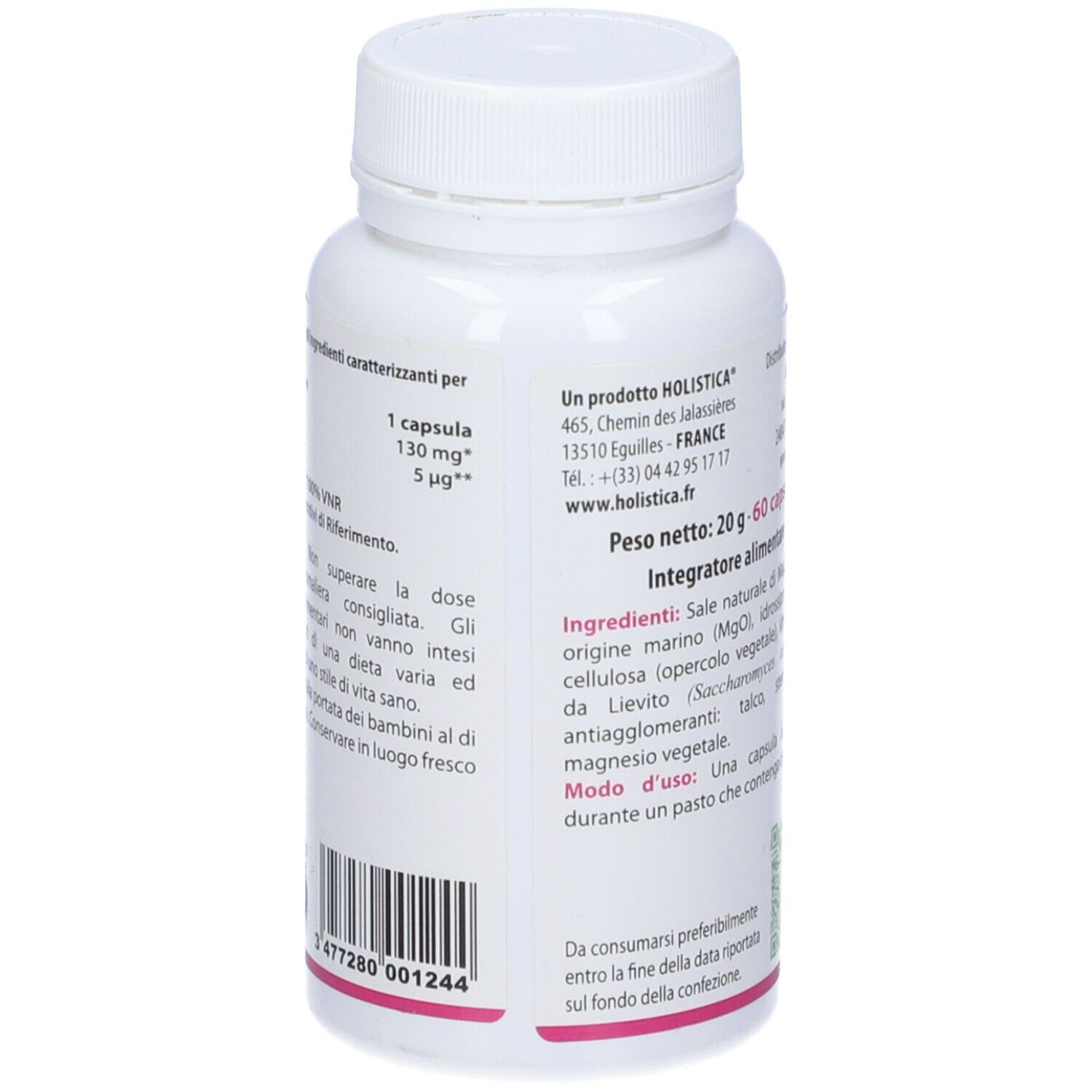 Retro del flacone bianco Ultra D-sium. Ingredienti, dosaggio, informazioni produttore.