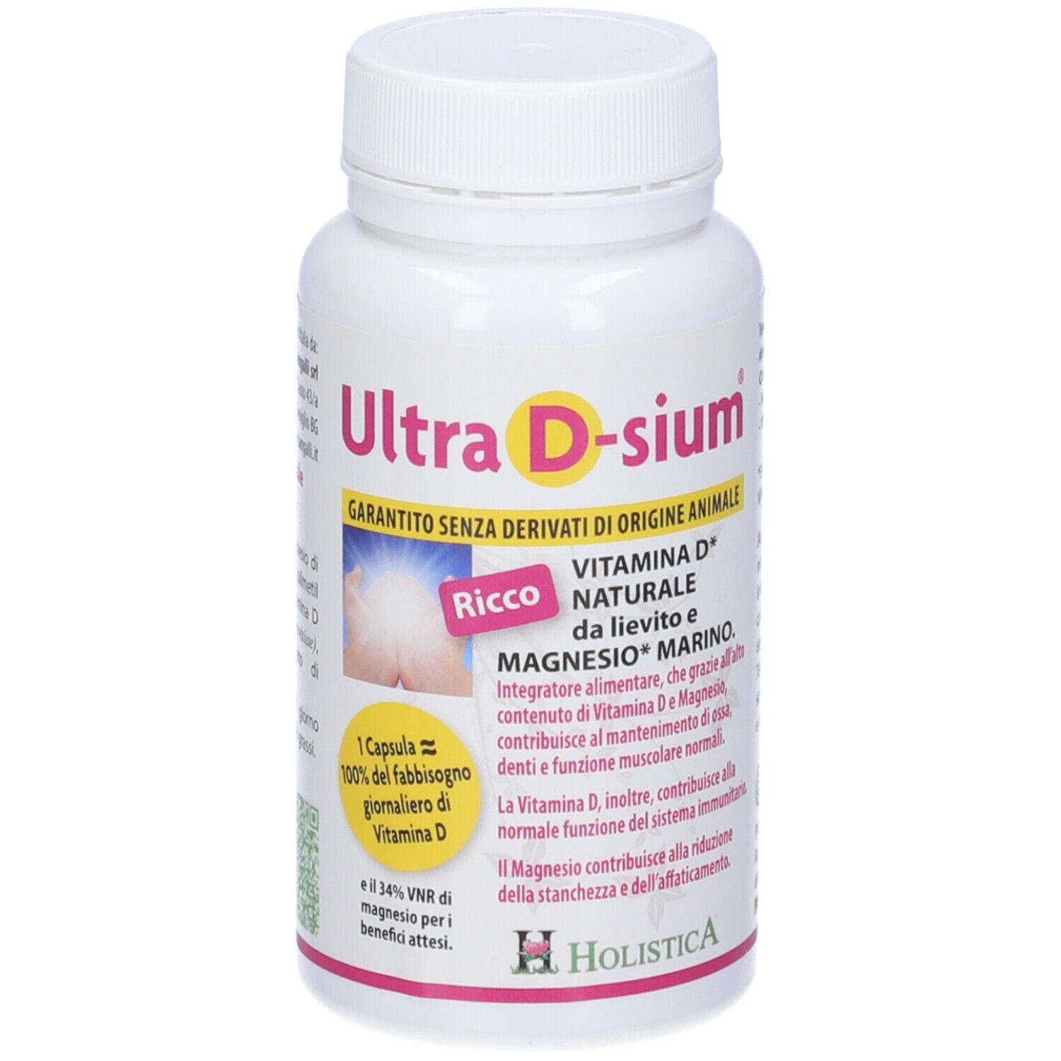 Flacone bianco Ultra D-sium. Scritta: Vitamina D, Magnesio. Logo Holistica. Capsule.