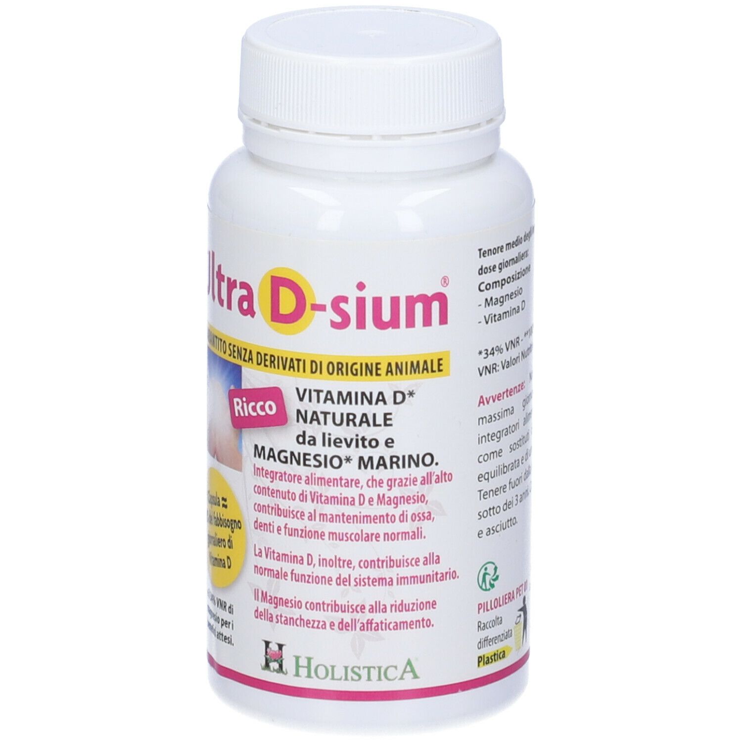 Flacone bianco Ultra D-sium. Scritta: Vitamina D, Magnesio. Logo Holistica. Capsule.