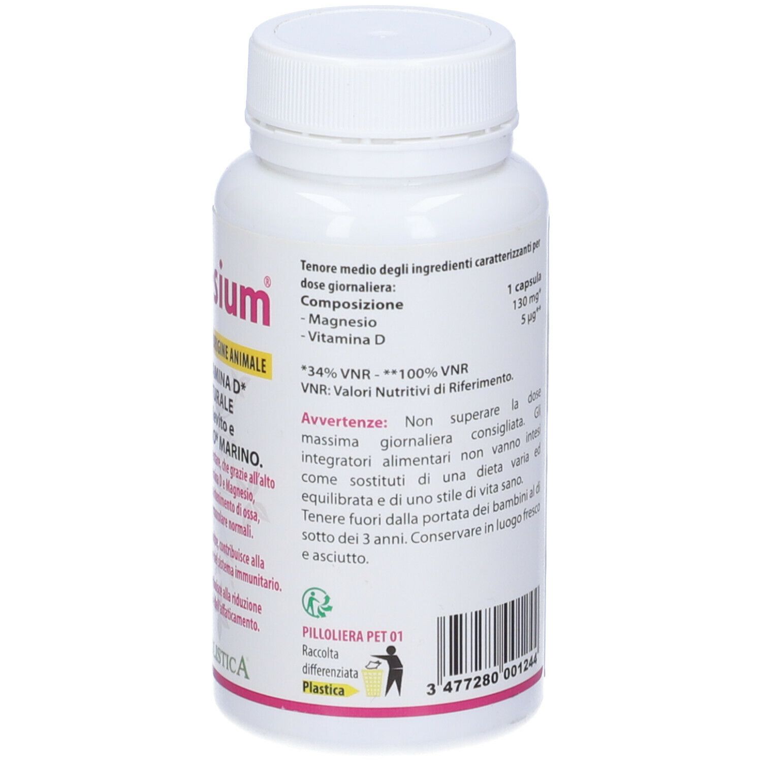 Retro del flacone bianco Ultra D-sium. Ingredienti, dosaggio, avvertenze, simbolo riciclo.