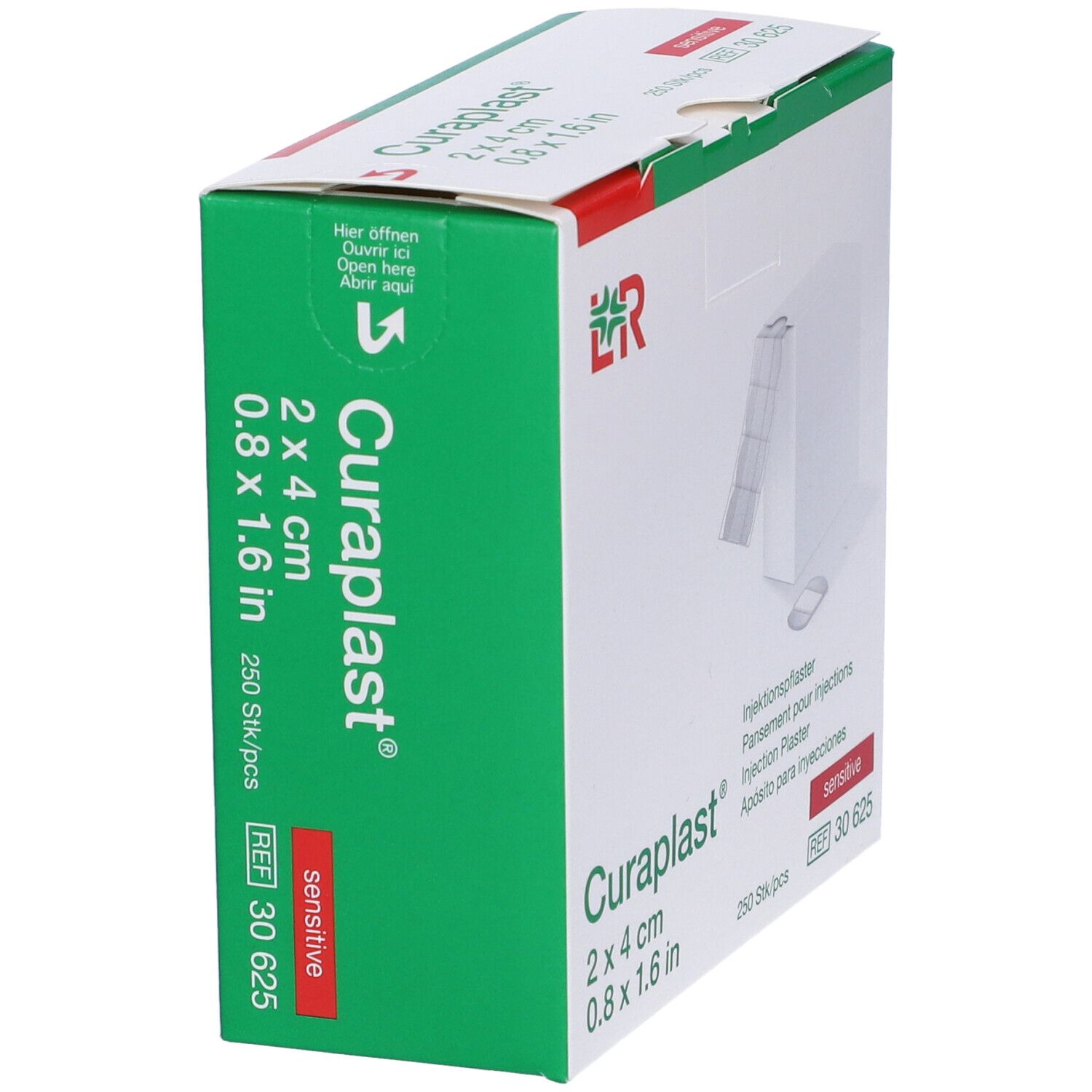Confezione verde e bianca di cerotti per iniezioni Curaplast®. Immagine del prodotto e dimensioni. Contiene 250 pezzi. Indicato "Sensitive".
