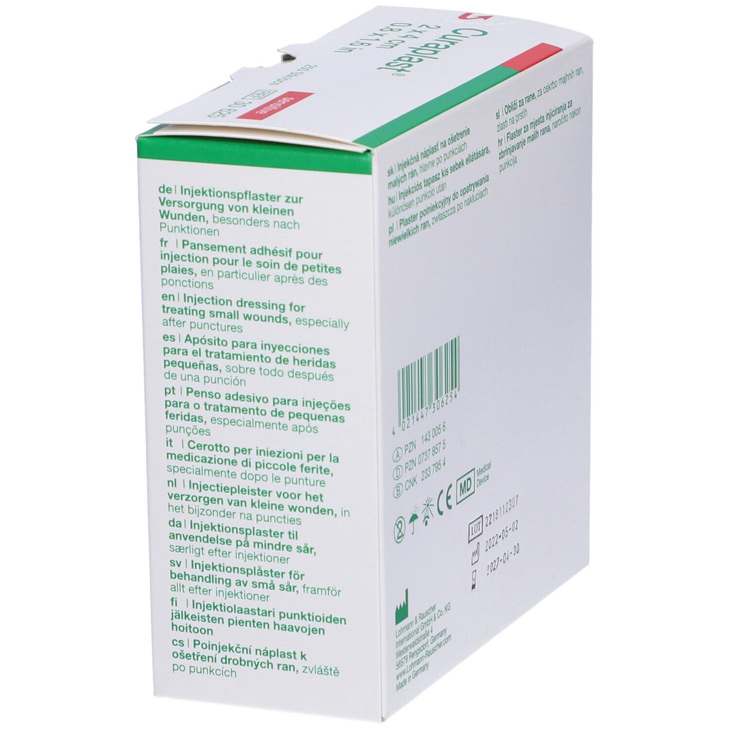 Confezione di cerotti per iniezioni Curaplast® con testo multilingue. Contiene informazioni sull'uso. Marchio CE.