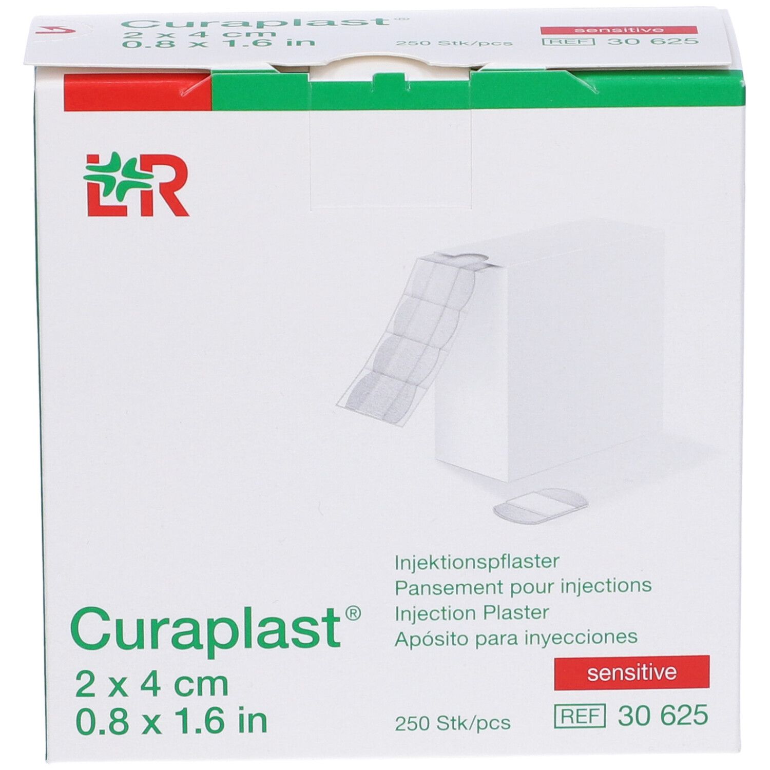 Confezione di cerotti per iniezioni Curaplast® 2 x 4 cm. Scatola con immagine del prodotto e dimensioni. Contiene 250 pezzi. Indicato "Sensitive".